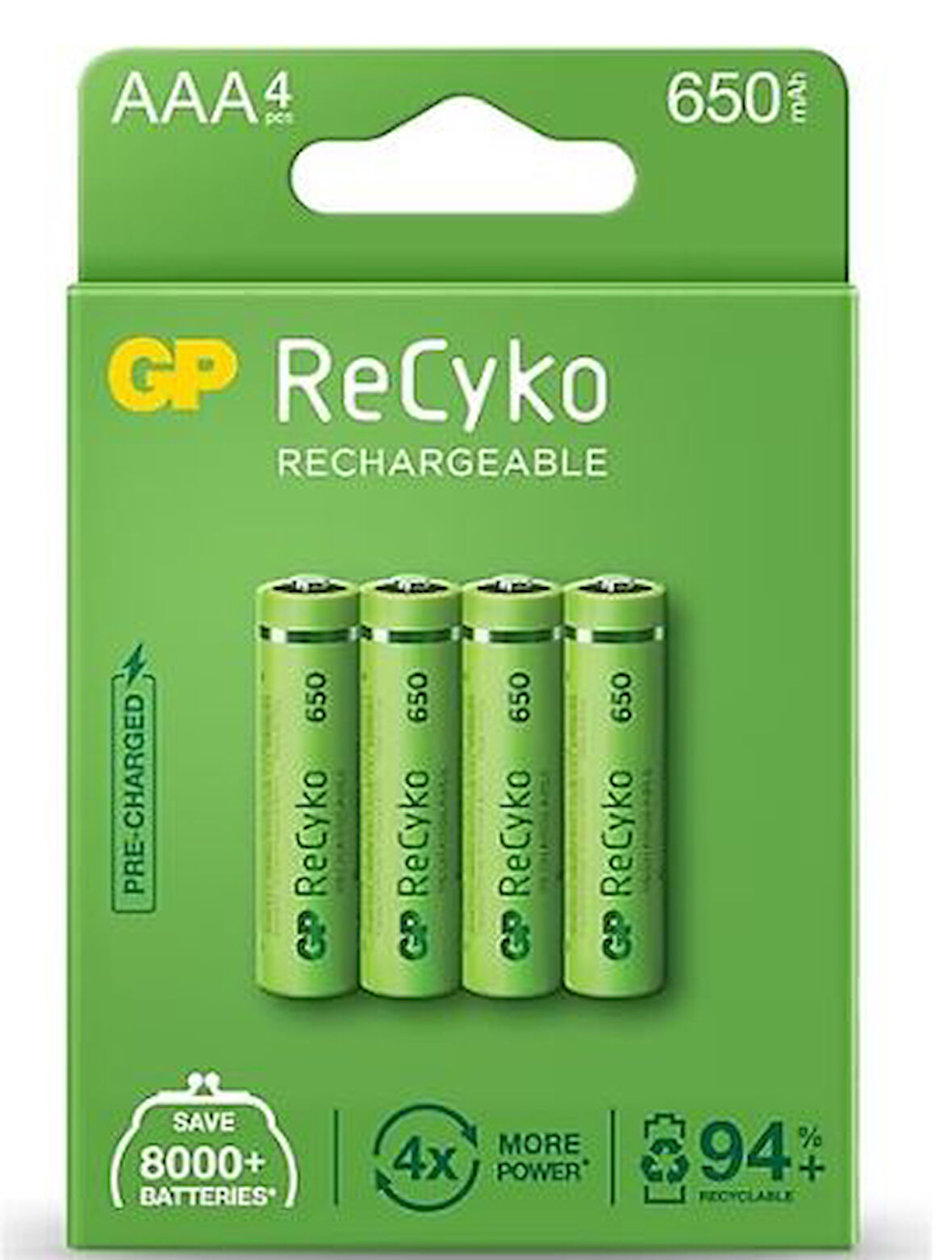 GP Recyko 650 Mah R03 AAA İnce Kalem Pil 4 Lü Şarjlı Pil  Şarj Edilebilir Pil