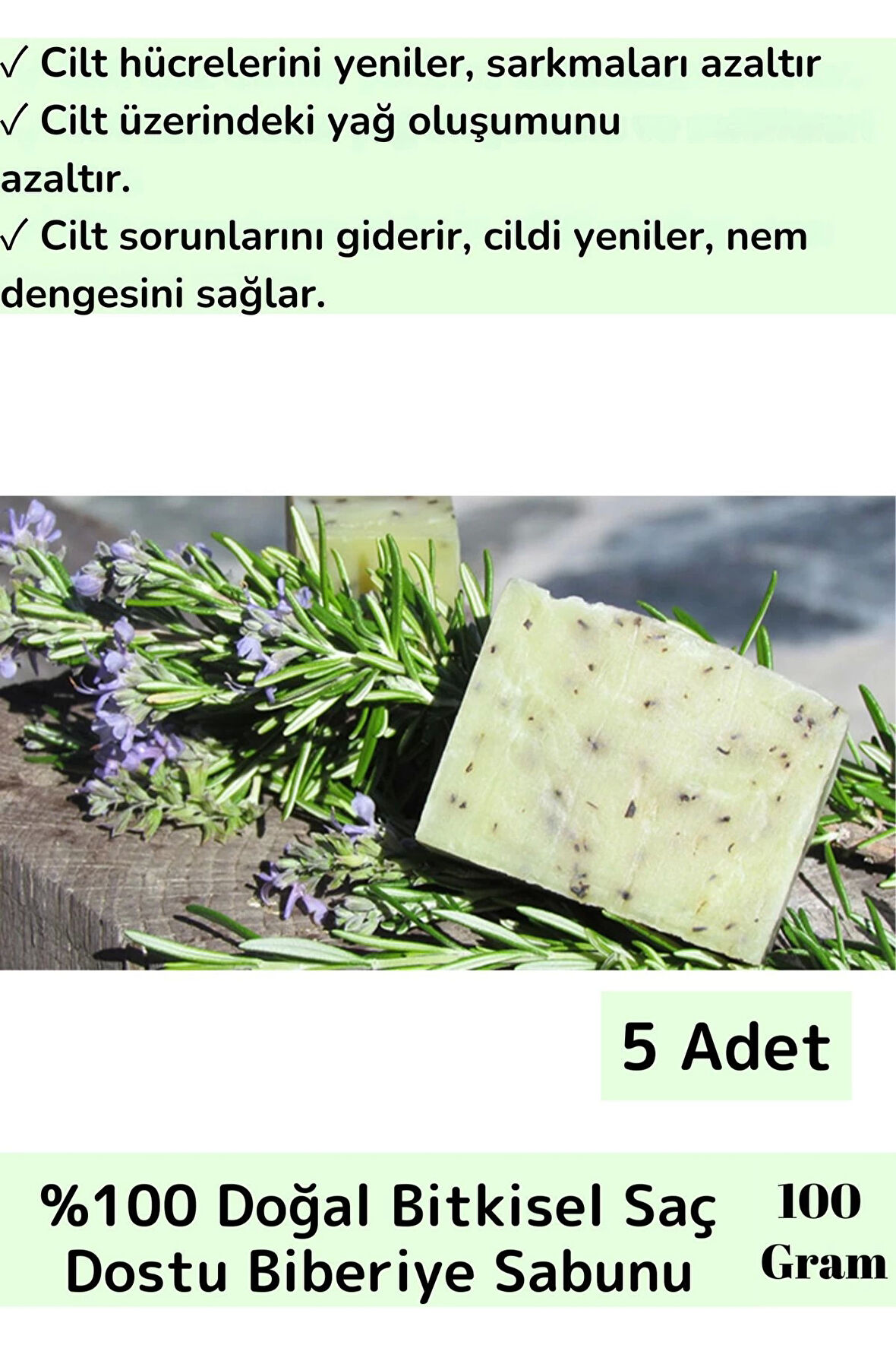 Özel Üretim %100 Doğal Bitkisel Saç Dostu El Yüz Cilt Vücut Organik Biberiye Sabunu 5 Adet