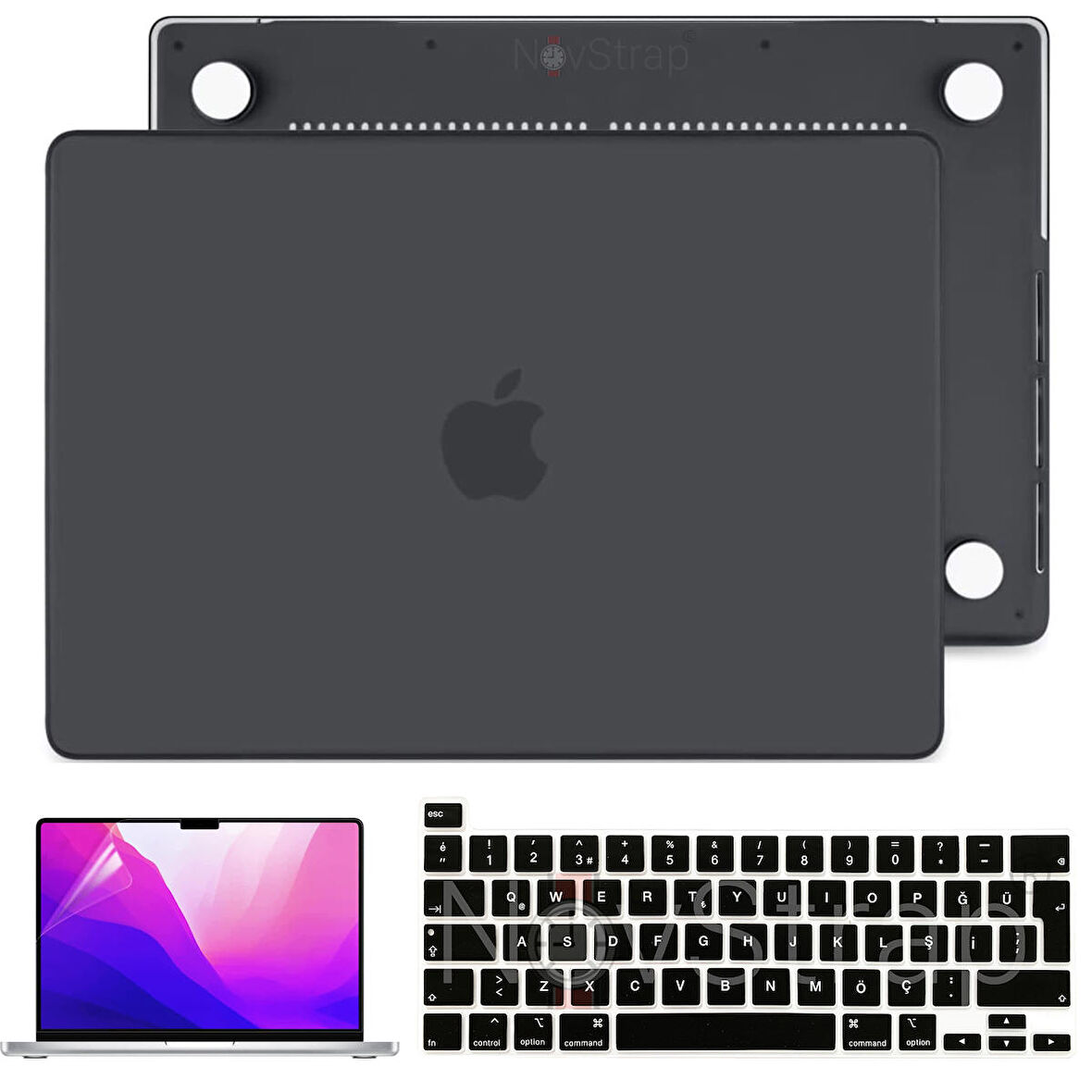 NovStrap Apple MacBook Pro 13 inç 2021 M1 Çip A2338 Uyumlu Mat Kılıf + Siyah Klavye Kılıfı + Film