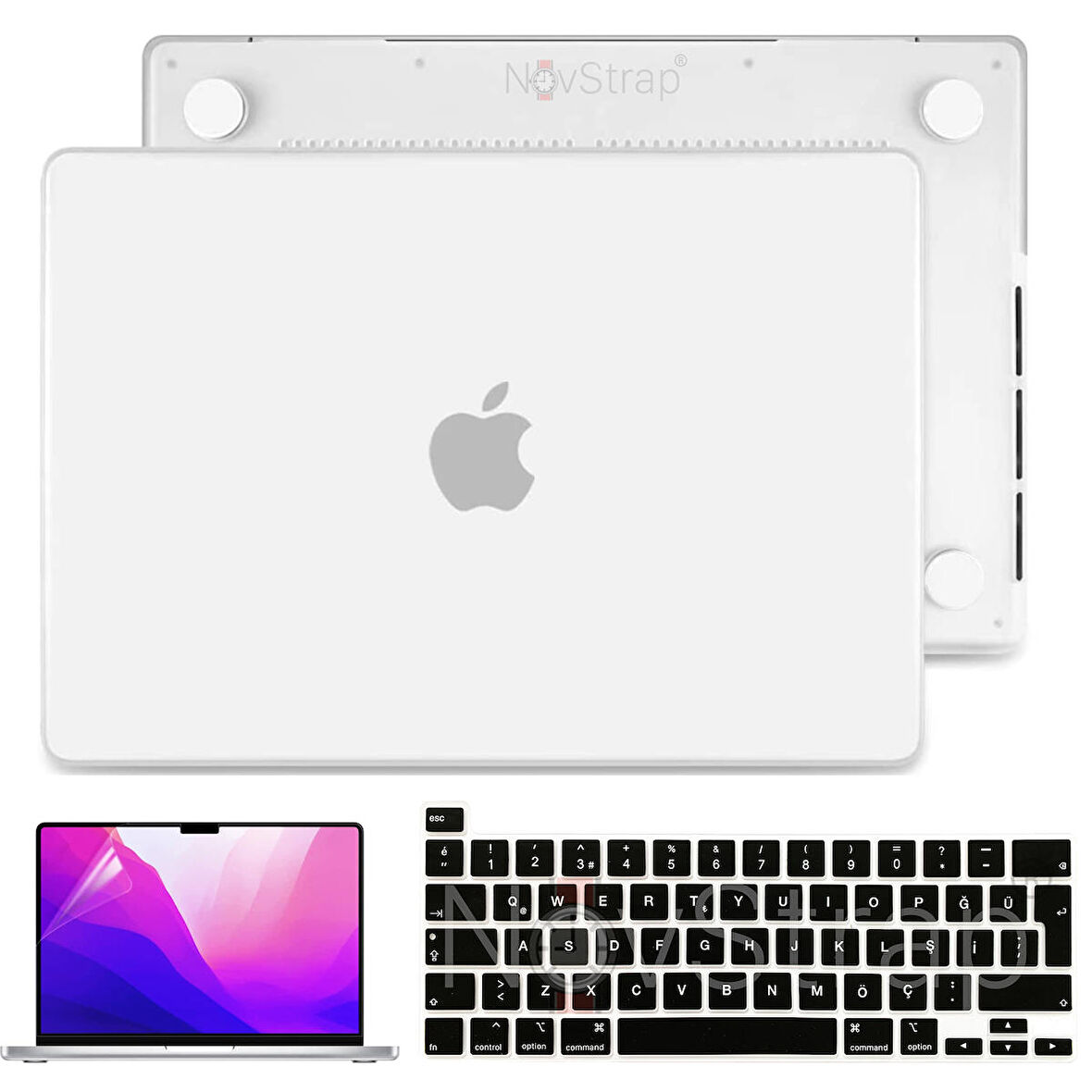 NovStrap Apple MacBook Pro 13 inç 2021 M1 Çip A2338 Uyumlu Mat Kılıf + Siyah Klavye Kılıfı + Film