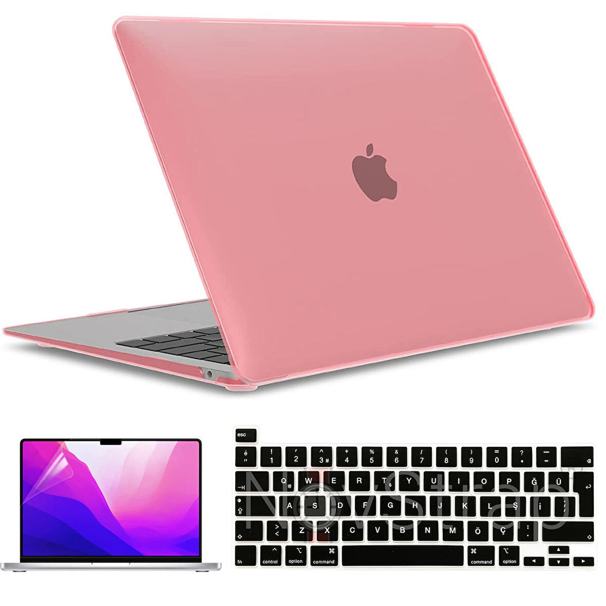 Apple MacBook Pro 13 inç M1 Çip A2338 Uyumlu Alt Üst Parlak Kılıf + Siyah Klavye Kılıfı + Film