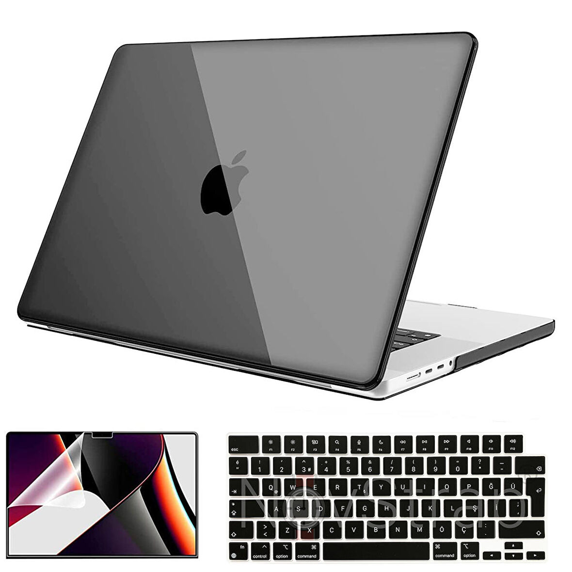 NovStrap Apple MacBook Pro 2021 M1 14.2 inc A2442 Uyumlu Parlak Kılıf + Siyah Klavye Kılıfı + Film