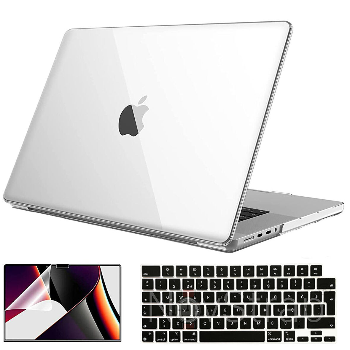 NovStrap Apple MacBook Pro 2021 M1 14.2 inc A2442 Uyumlu Parlak Kılıf + Siyah Klavye Kılıfı + Film