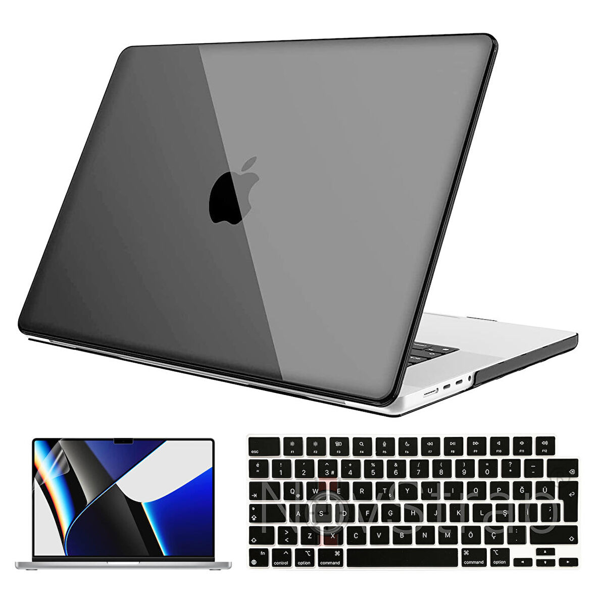 NovStrap Apple MacBook Pro 2021 M1 16.2 inc A2485 Uyumlu Parlak Kılıf + Siyah Klavye Kılıfı + Film