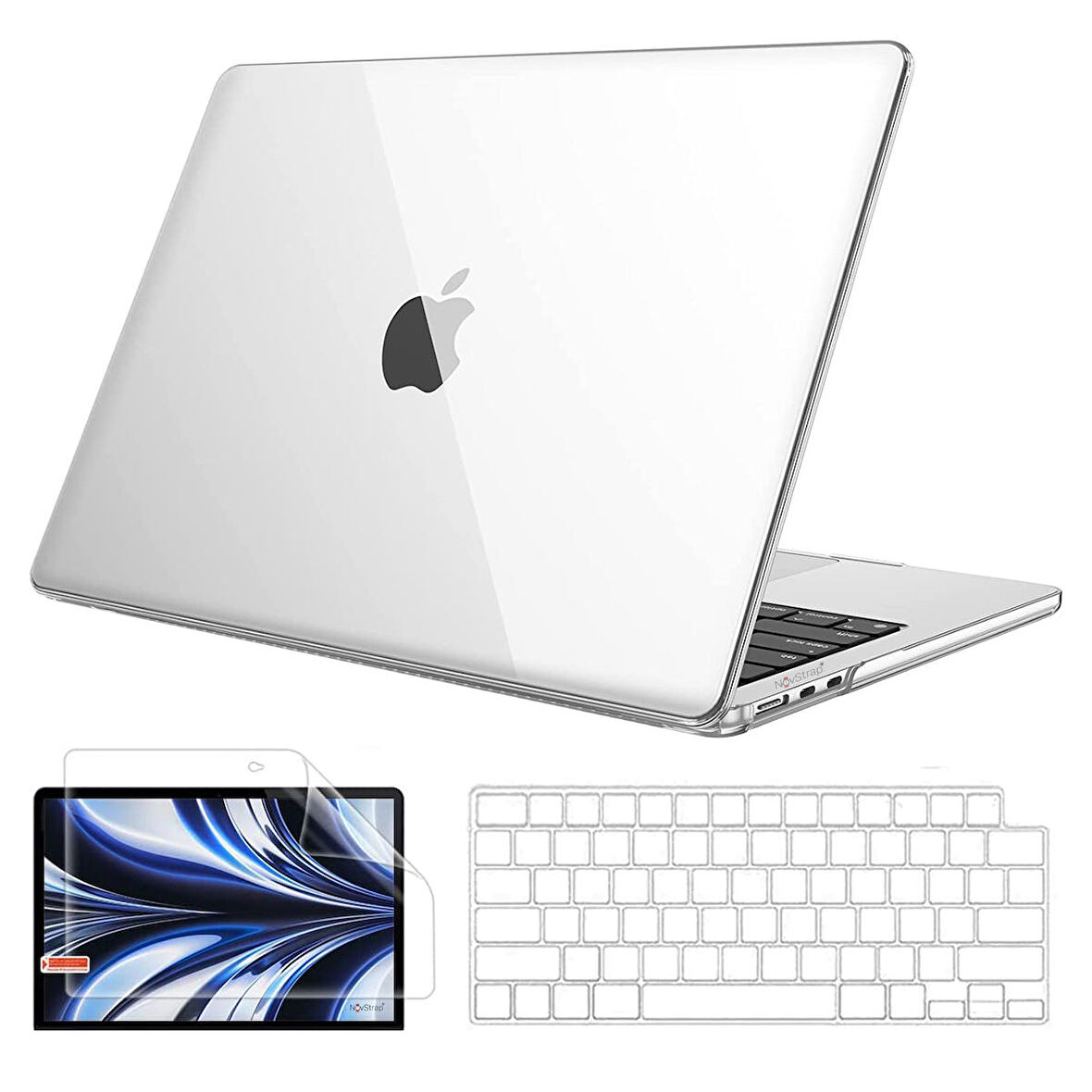 NovStrap Apple MacBook Air 13.6 inç 2022 M2 Çip A2681 Uyumlu Kılıf Parlak-Şeffaf Klavye Kılıfı-Film