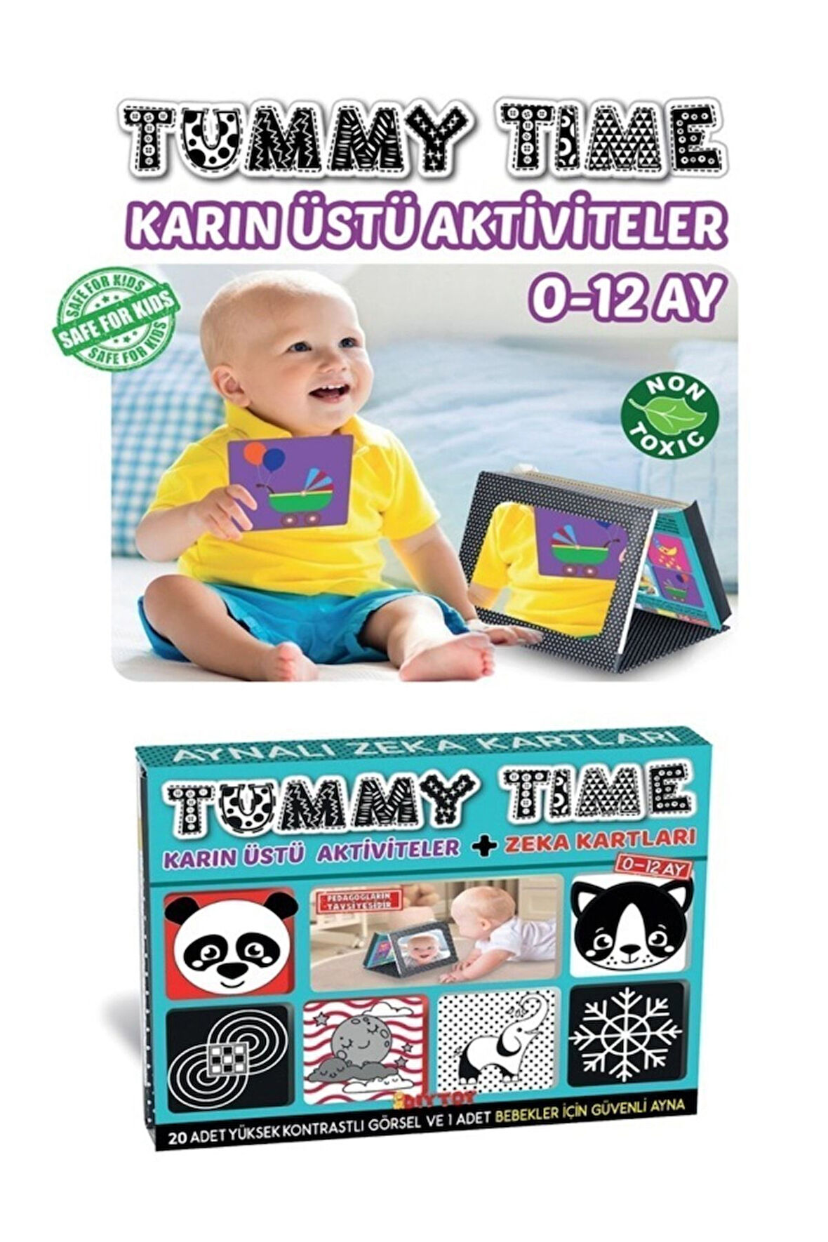 Tummy Time Pedagog Onaylı Aynalı Bebek Zeka Kartları, Karın Üstü Aktivite Oyuncağı 0-12 Ay