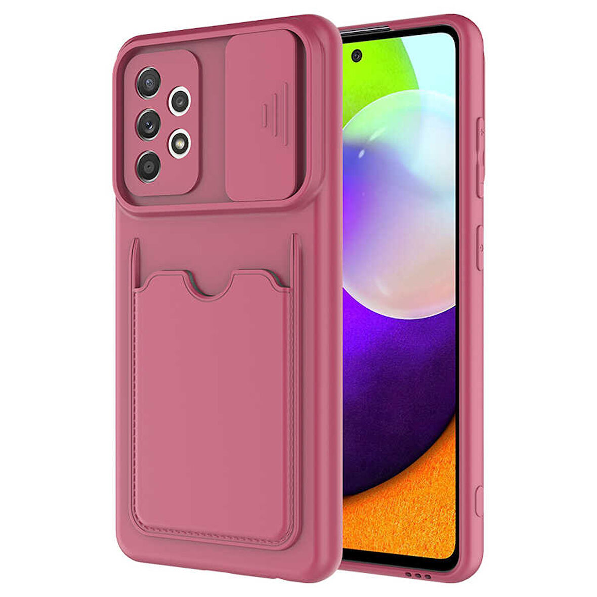 Samsung Galaxy A52 Kılıf Kartlıklı Lens Kapatmalı Kapak