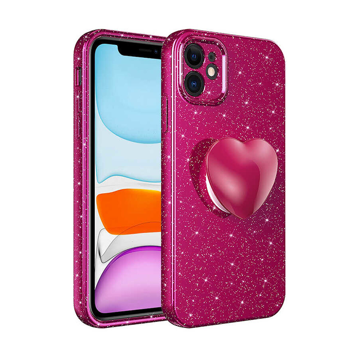 Apple iPhone 11 Kılıf Simli Pop Soketli Kalp Kapak