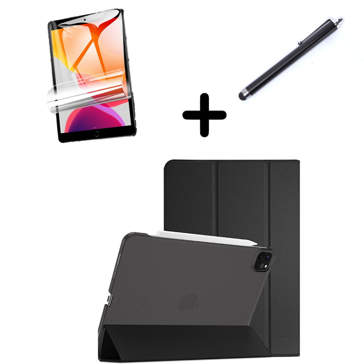 Apple iPad Pro 12.9 3. 4. 5. 6. Nesil Kılıf Set PU Deri Smart Tablet Kilifi Ekran Koruyucu + Kalem