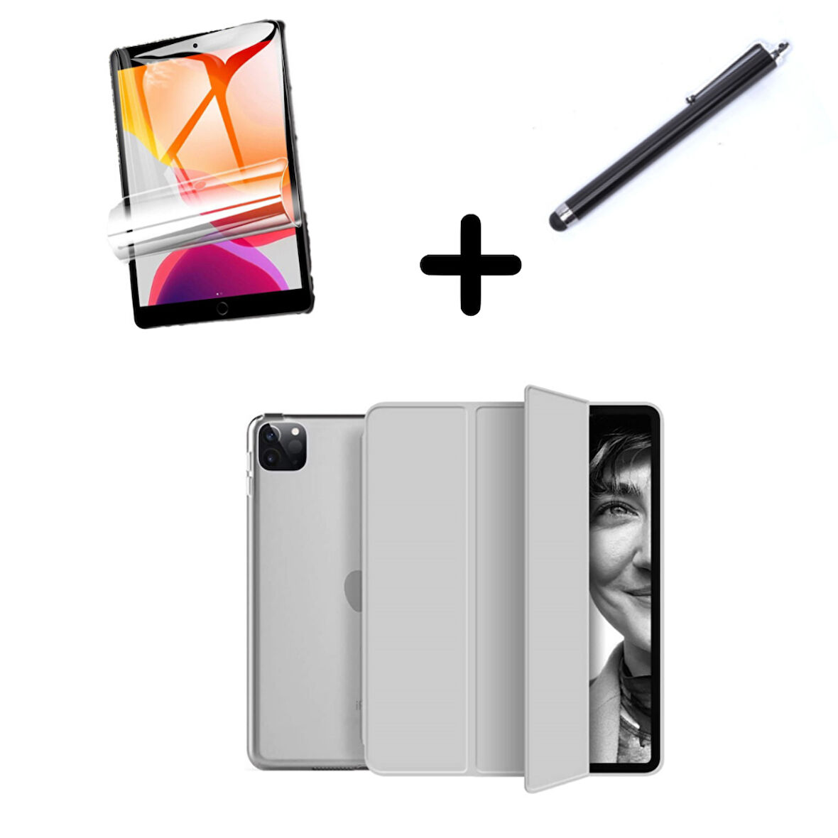 Apple iPad Pro 12.9 3. 4. 5. 6. Nesil Kılıf Set PU Deri Smart Tablet Kilifi Ekran Koruyucu + Kalem