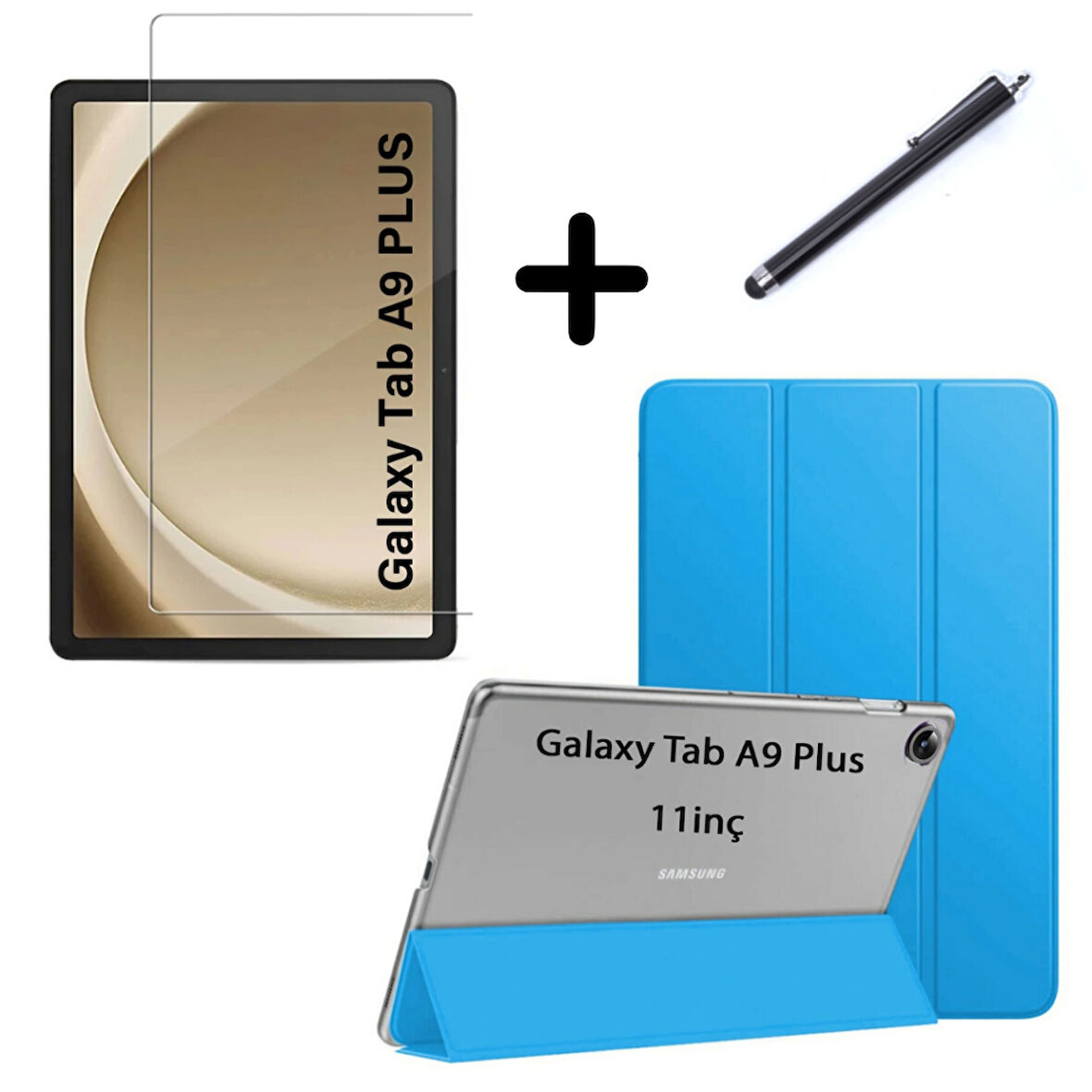 Samsung Galaxy Tab A9 Plus X210 Kılıf SET PU Deri Smart Tablet Kilifi Ekran Koruyucu + Kalem X213 X215 X217