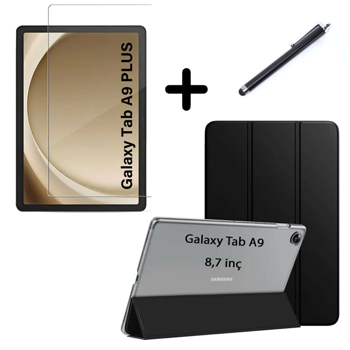 Samsung Galaxy Tab A9 8.7inç X110 Kılıf SET PU Deri Smart Tablet Kilifi Ekran Koruyucu + Kalem X113 X115 X117