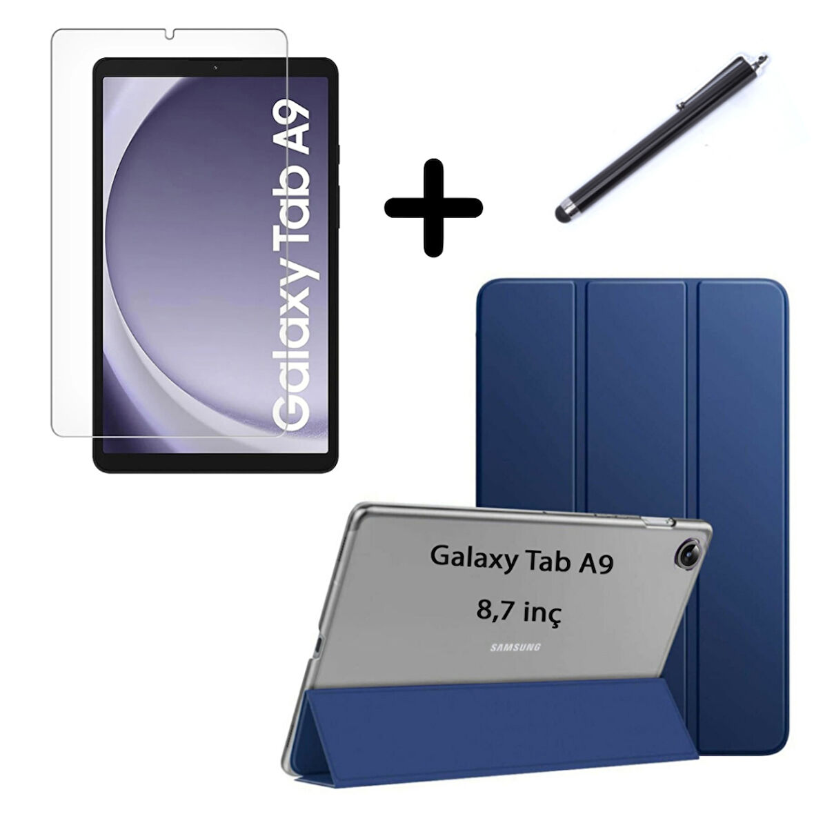 Samsung Galaxy Tab A9 8.7inç X110 Kılıf SET PU Deri Smart Tablet Kilifi Ekran Koruyucu + Kalem X113 X115 X117