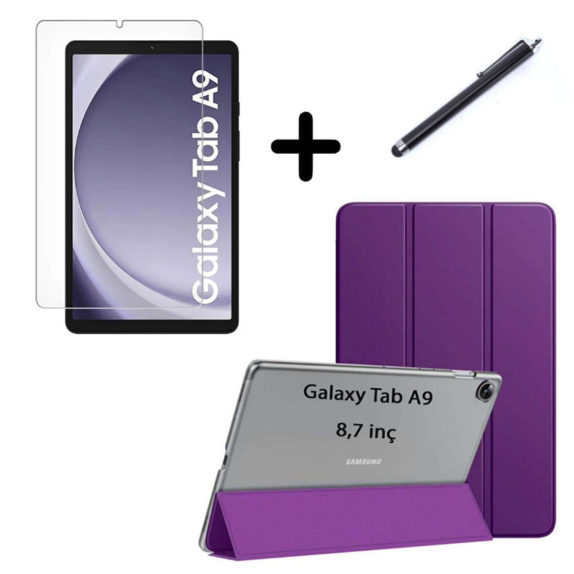Samsung Galaxy Tab A9 8.7inç X110 Kılıf SET PU Deri Smart Tablet Kilifi Ekran Koruyucu + Kalem X113 X115 X117