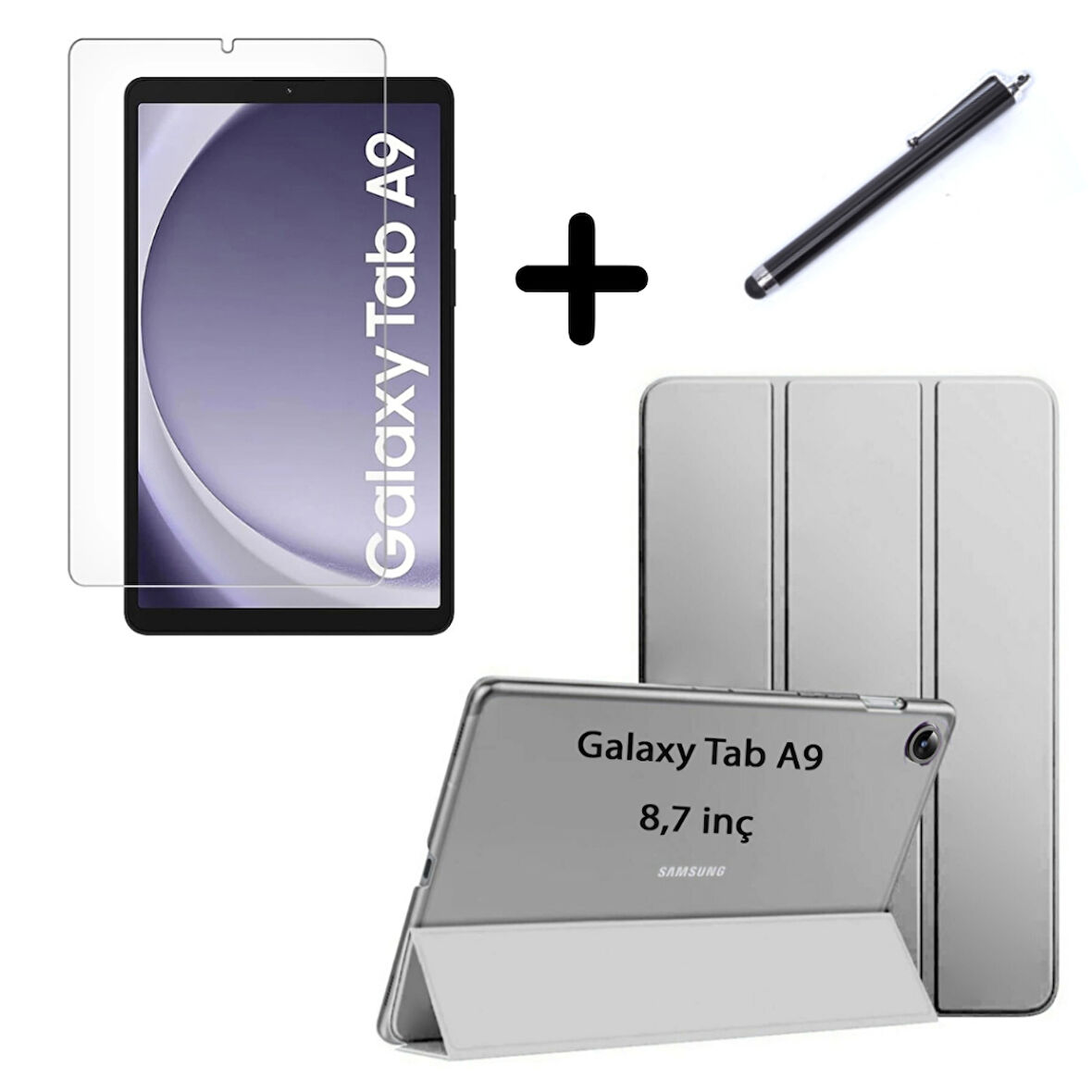 Samsung Galaxy Tab A9 8.7inç X110 Kılıf SET PU Deri Smart Tablet Kilifi Ekran Koruyucu + Kalem X113 X115 X117