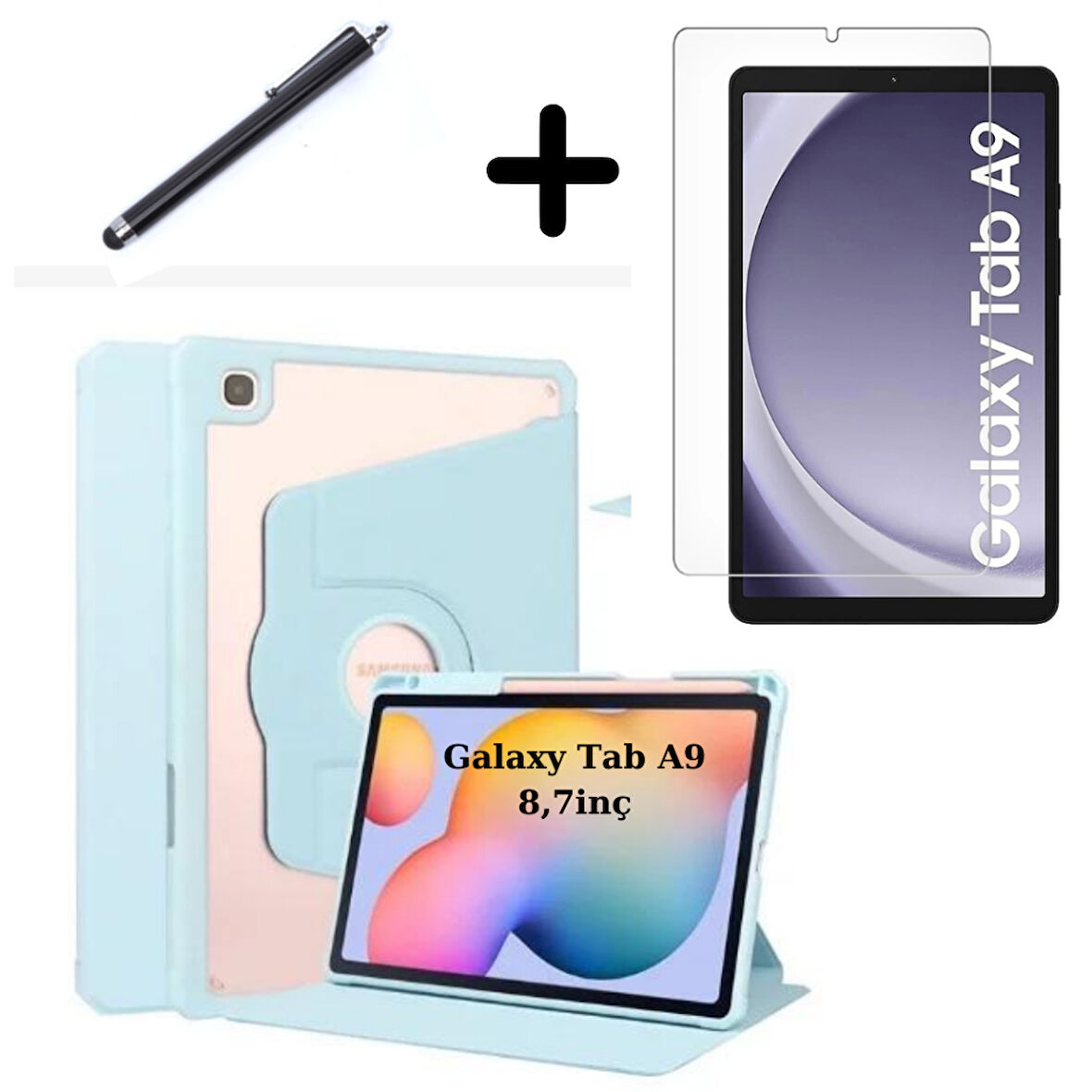 Samsung Galaxy Tab A9 8.7inç X110 X113 X115 X117 Kılıf Termik Kalem Bölmeli Dönebilen Standlı Kılıf SET