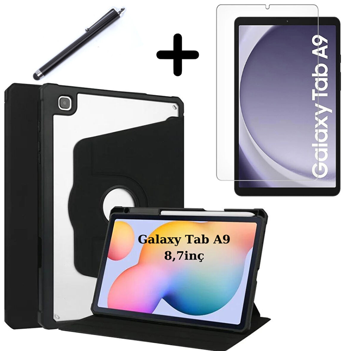 Samsung Galaxy Tab A9 8.7inç X110 X113 X115 X117 Kılıf Termik Kalem Bölmeli Dönebilen Standlı Kılıf SET