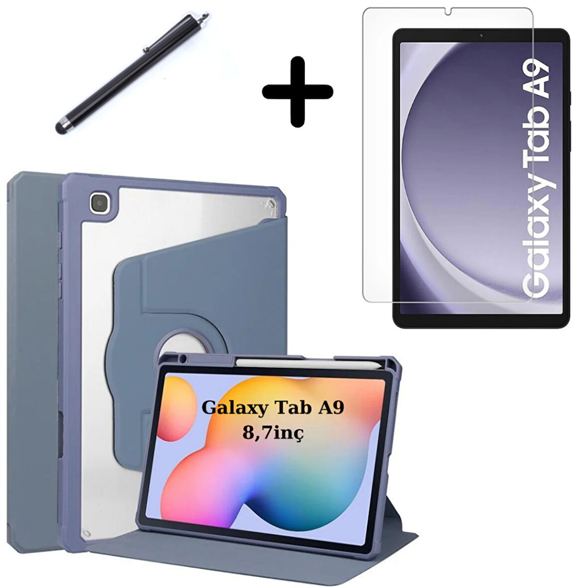 Samsung Galaxy Tab A9 8.7inç X110 X113 X115 X117 Kılıf Termik Kalem Bölmeli Dönebilen Standlı Kılıf SET
