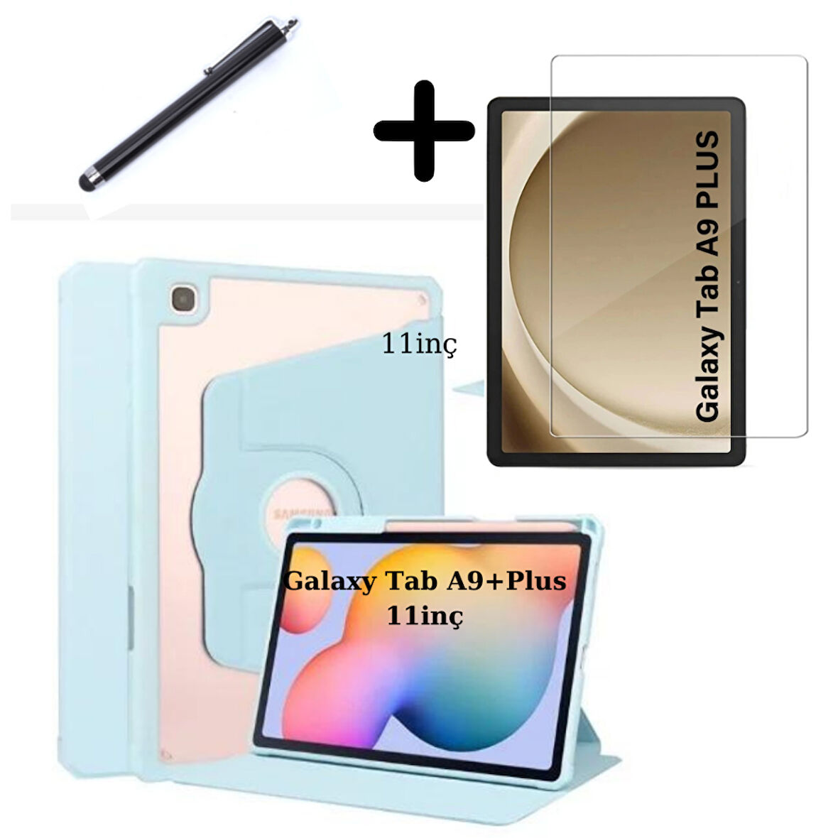 Samsung Galaxy Tab A9 Plus X210 X213 X215 X217 Kılıf Termik Kalem Bölmeli Dönebilen Standlı Kılıf SET