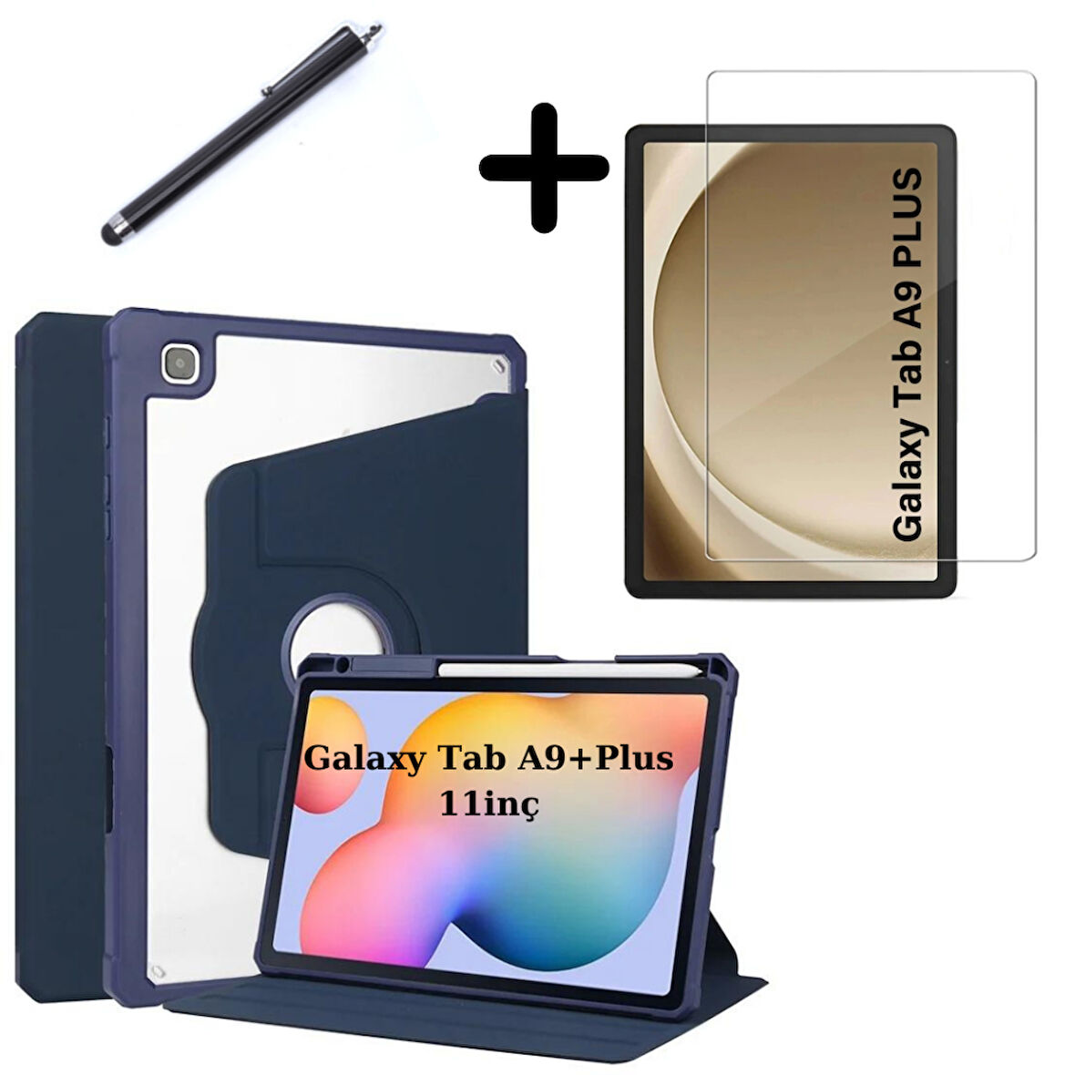 Samsung Galaxy Tab A9 Plus X210 X213 X215 X217 Kılıf Termik Kalem Bölmeli Dönebilen Standlı Kılıf SET