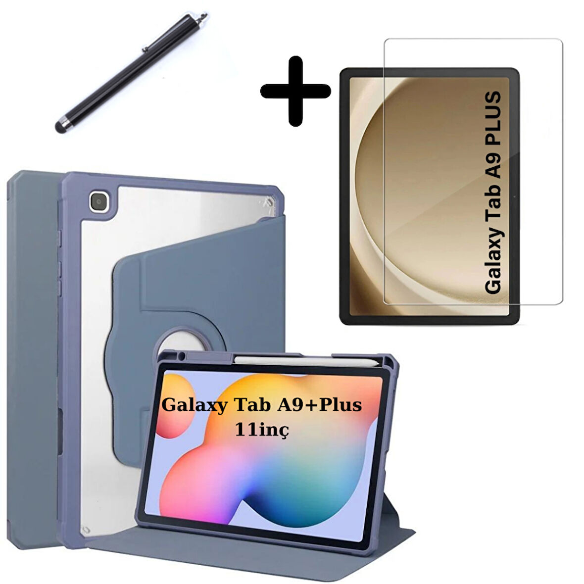 Samsung Galaxy Tab A9 Plus X210 X213 X215 X217 Kılıf Termik Kalem Bölmeli Dönebilen Standlı Kılıf SET