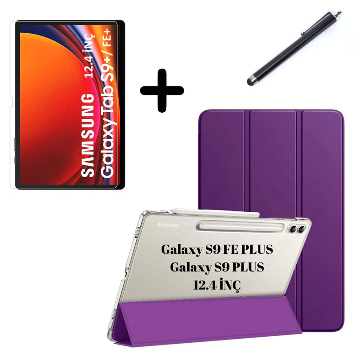 Samsung Galaxy Tab S9 FE Plus/S10 Plus/S9 Plus Kılıf SET PU Deri Smart Tablet Kilifi Ekran Koruyucu + Kalem