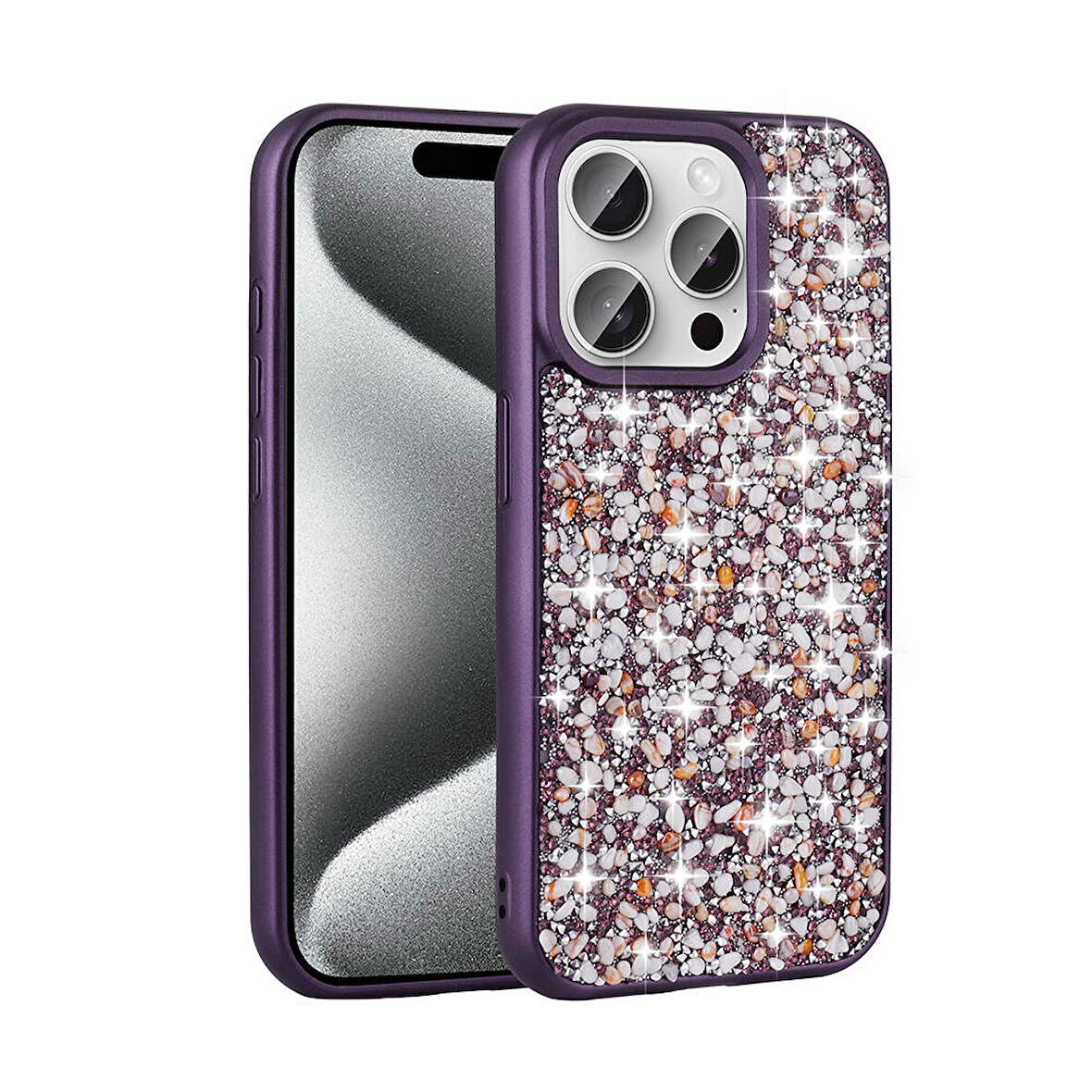 Apple iPhone 15 Pro Kılıf Parlak Taşlı Tasarım Stone Linea Kapak
