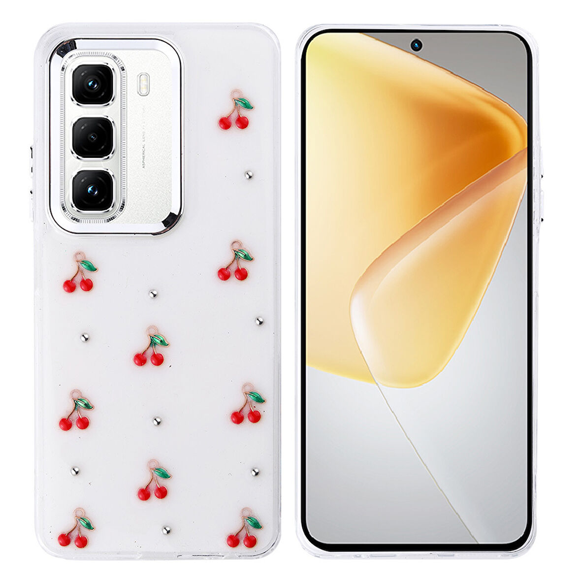 İnfinix Hot 50 Pro 4G Kılıf Kabartmalı Kelebek-Kiraz-Çiçek Dizayn Şeffaf Kutup Kapak