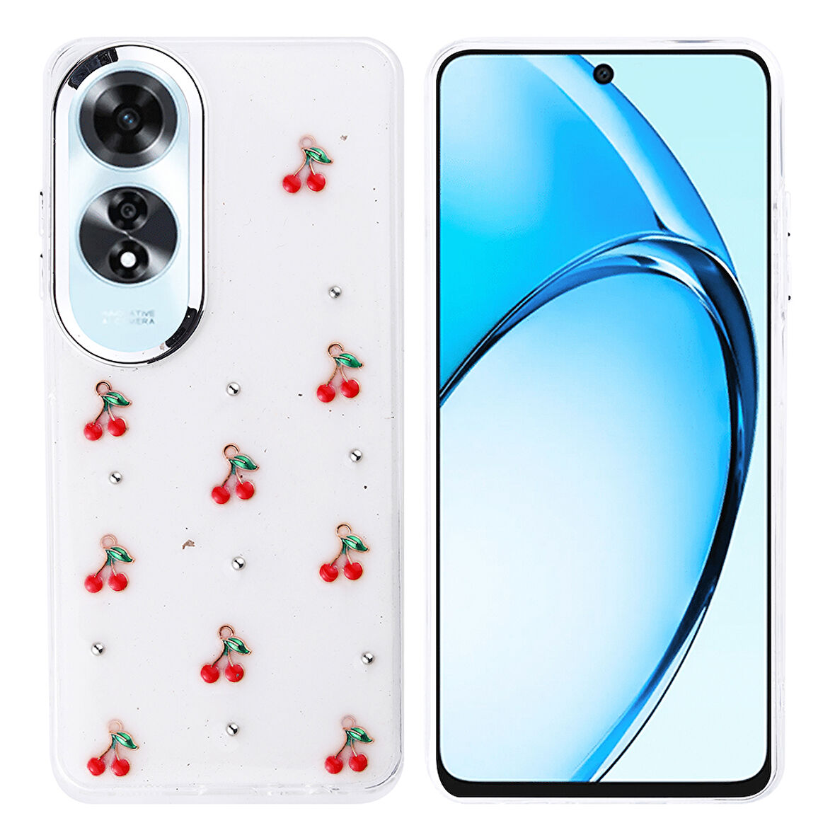 Oppo A60 Kılıf Kabartmalı Kelebek-Kiraz-Çiçek Dizayn Şeffaf Kutup Kapak