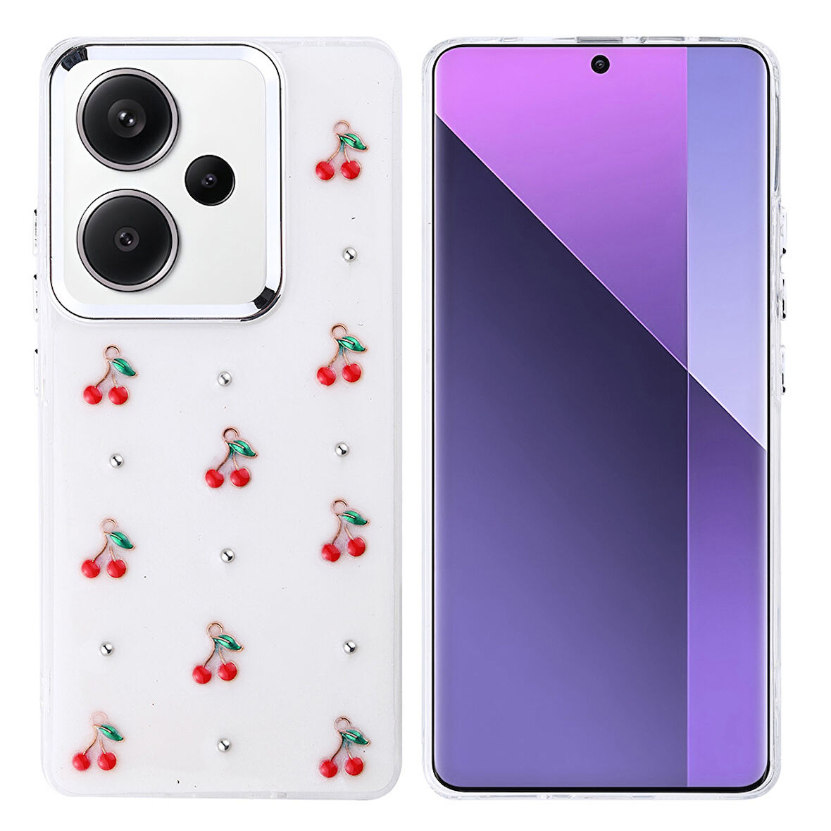 Xiaomi Redmi Note 13 Pro Plus 5G Kılıf Kabartmalı Kelebek-Kiraz-Çiçek Dizayn Şeffaf Kutup Kapak
