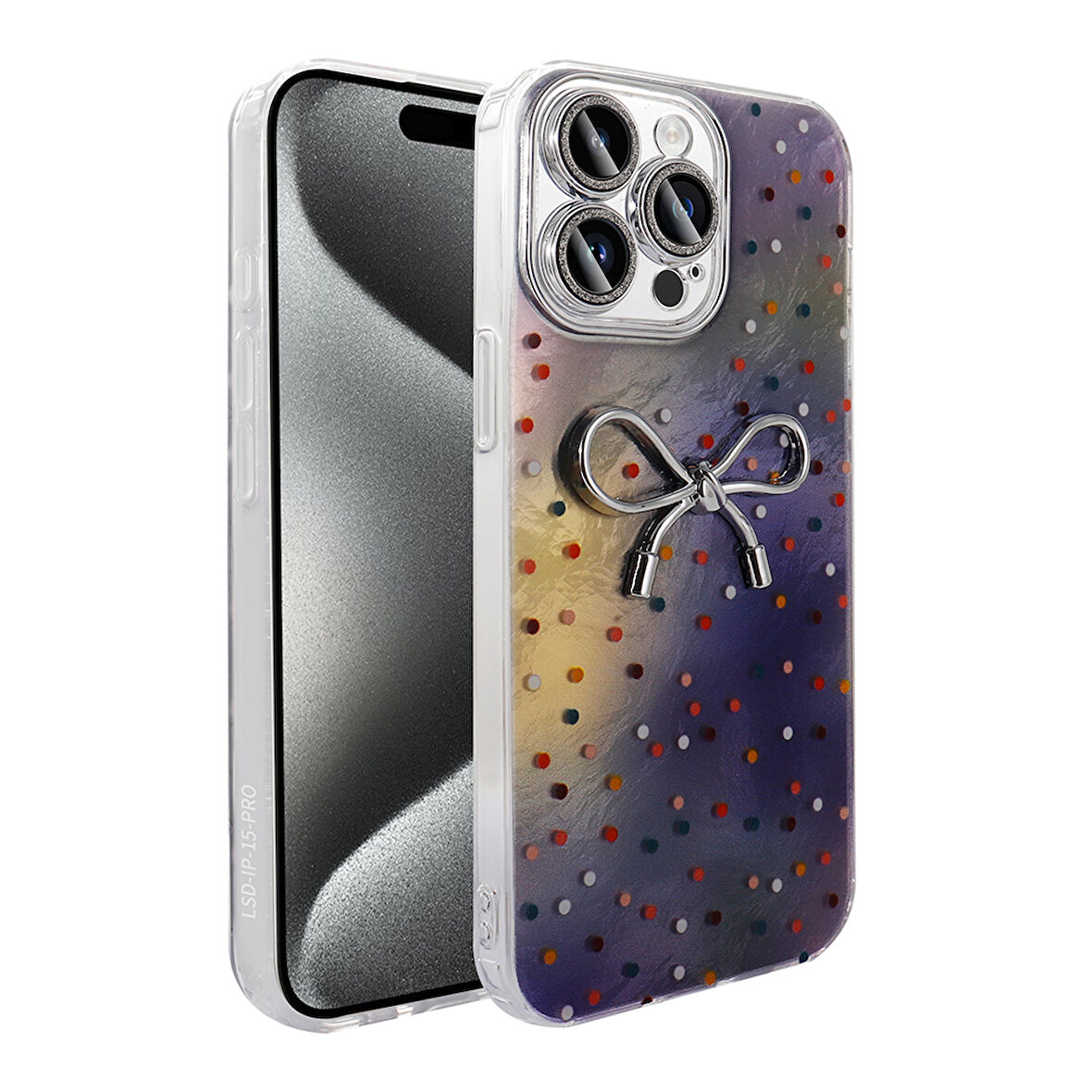 Apple iPhone 15 Pro Kılıf Kamera Korumalı Fiyonk Kalp Figürlü Ponti Kapak