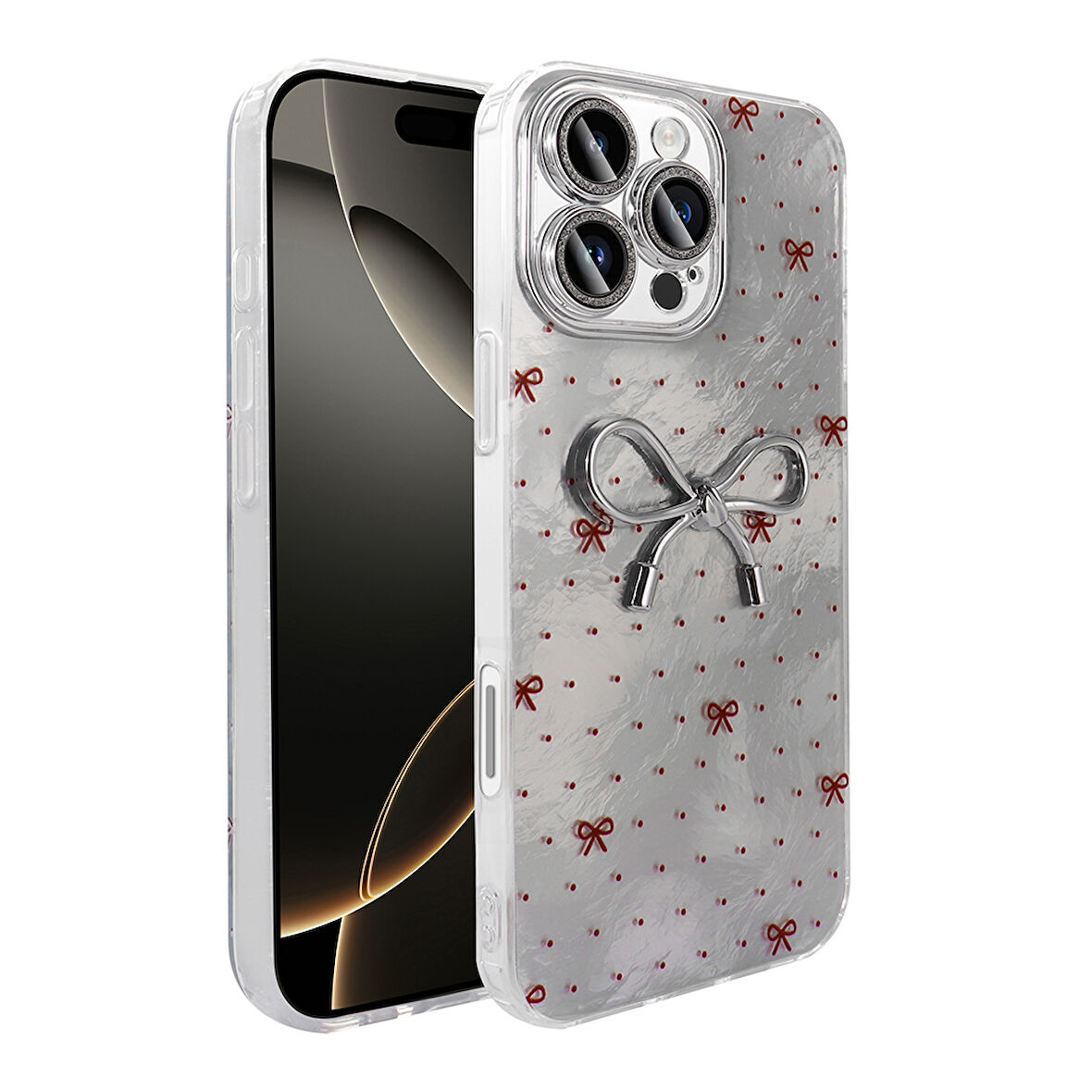 Apple iPhone 16 Pro Kılıf Kamera Korumalı Fiyonk Kalp Figürlü Ponti Kapak
