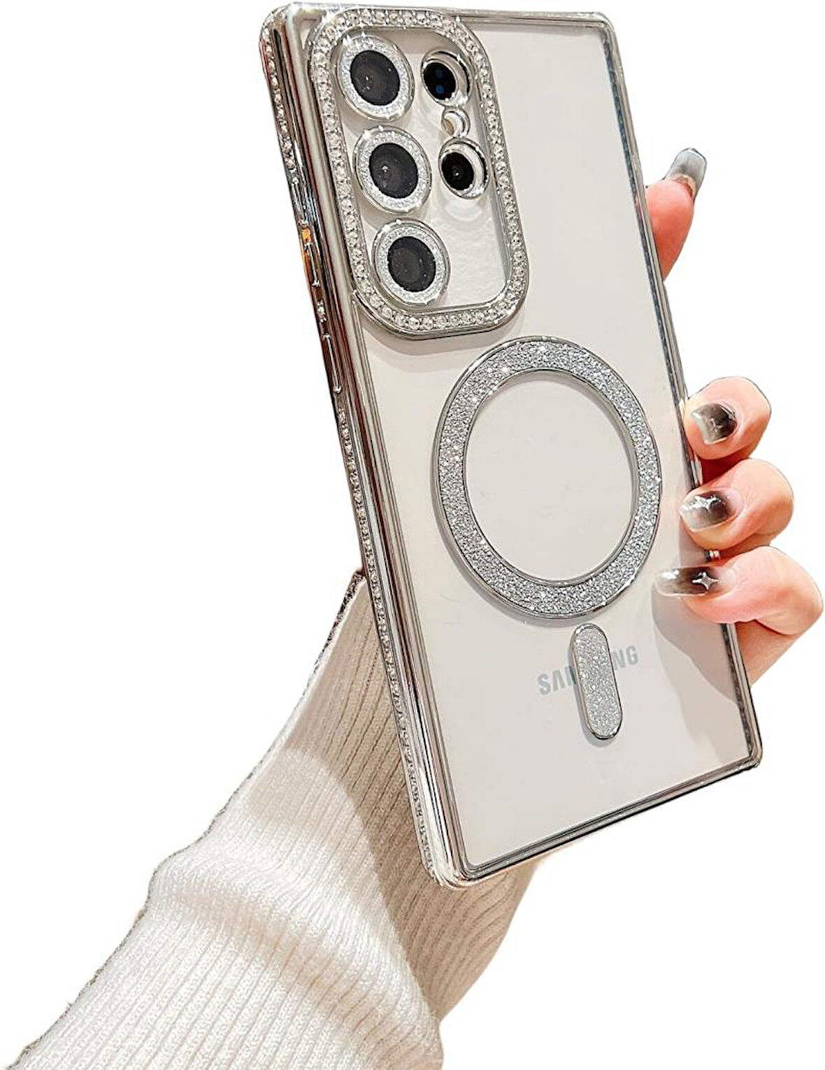 Samsung Galaxy S25 Plus Kılıf Simli Magsafe Kamera Kenar Taşlı Kapak