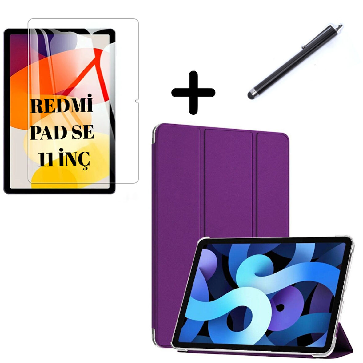 Xiaomi Redmi Pad SE 11inç Kılıf SET PU Deri Smart Tablet Kilifi Ekran Koruyucu + Kalem