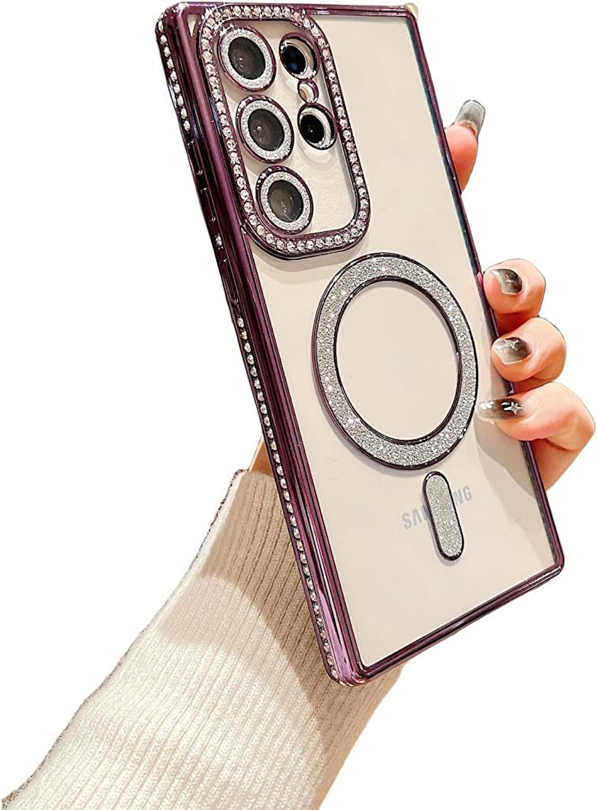 Samsung Galaxy S23 Ultra Kılıf Simli Magsafe Kamera Kenar Taşlı Kapak