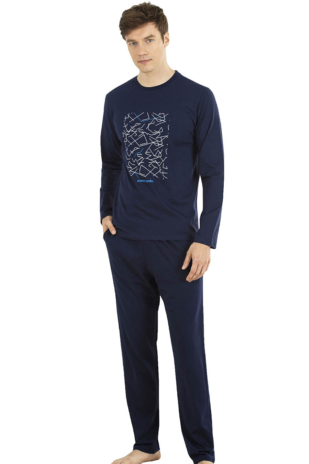 Uzunkol Yuvarlak Yaka Erkek Pijama Takım, %100 Pamuk Penye 