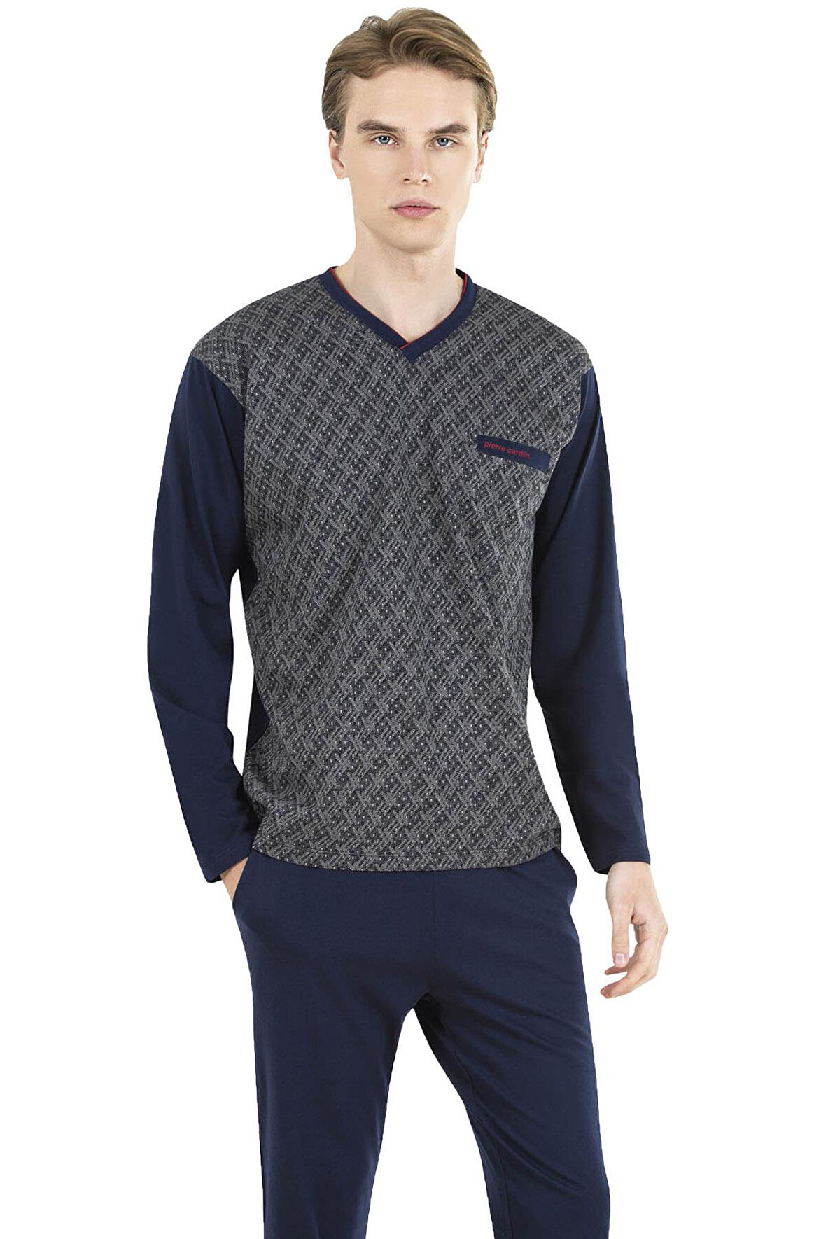 Pierre Cardin %100 Pamuk V Yaka Erkek Pijama Takım, Jakarlı, Uzunkollu, Kutulu