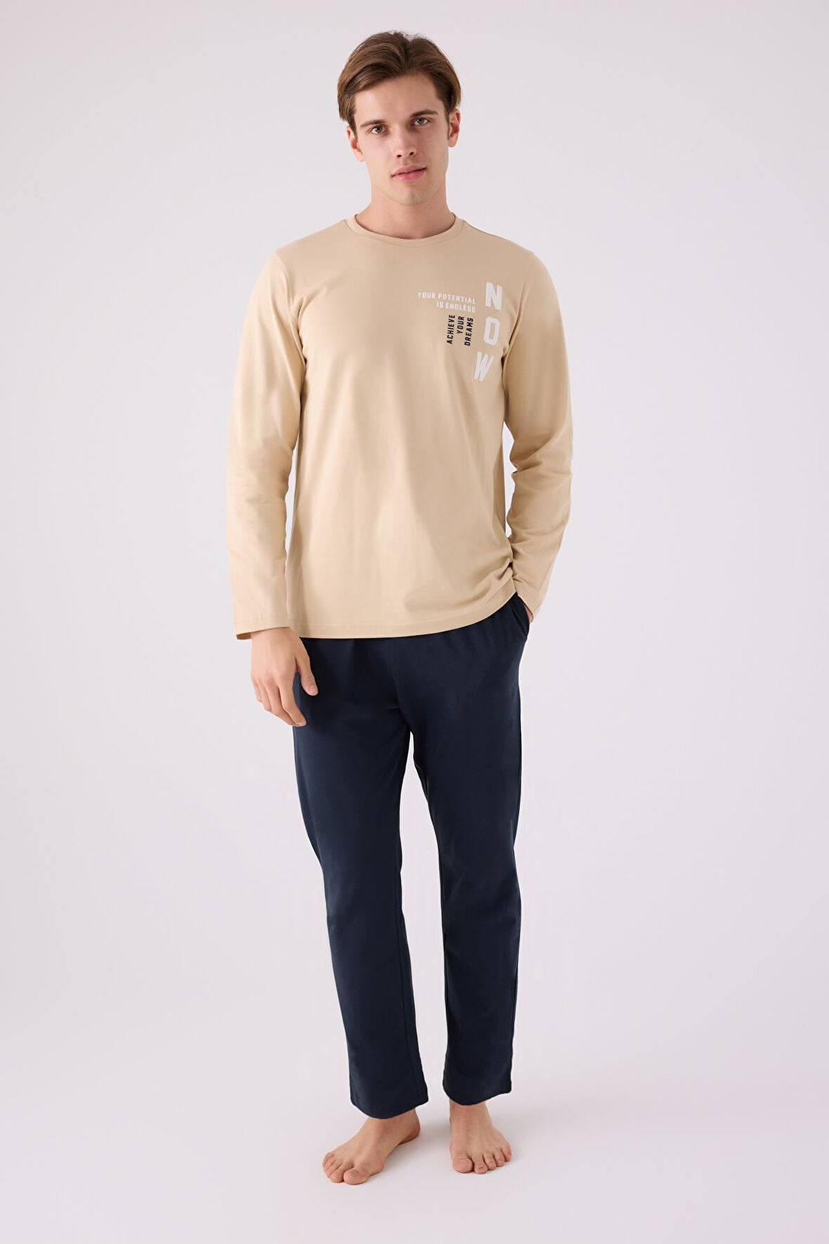 %100 Pamuklu Kışlık Erkek Pijama Takım, Cep Detaylı