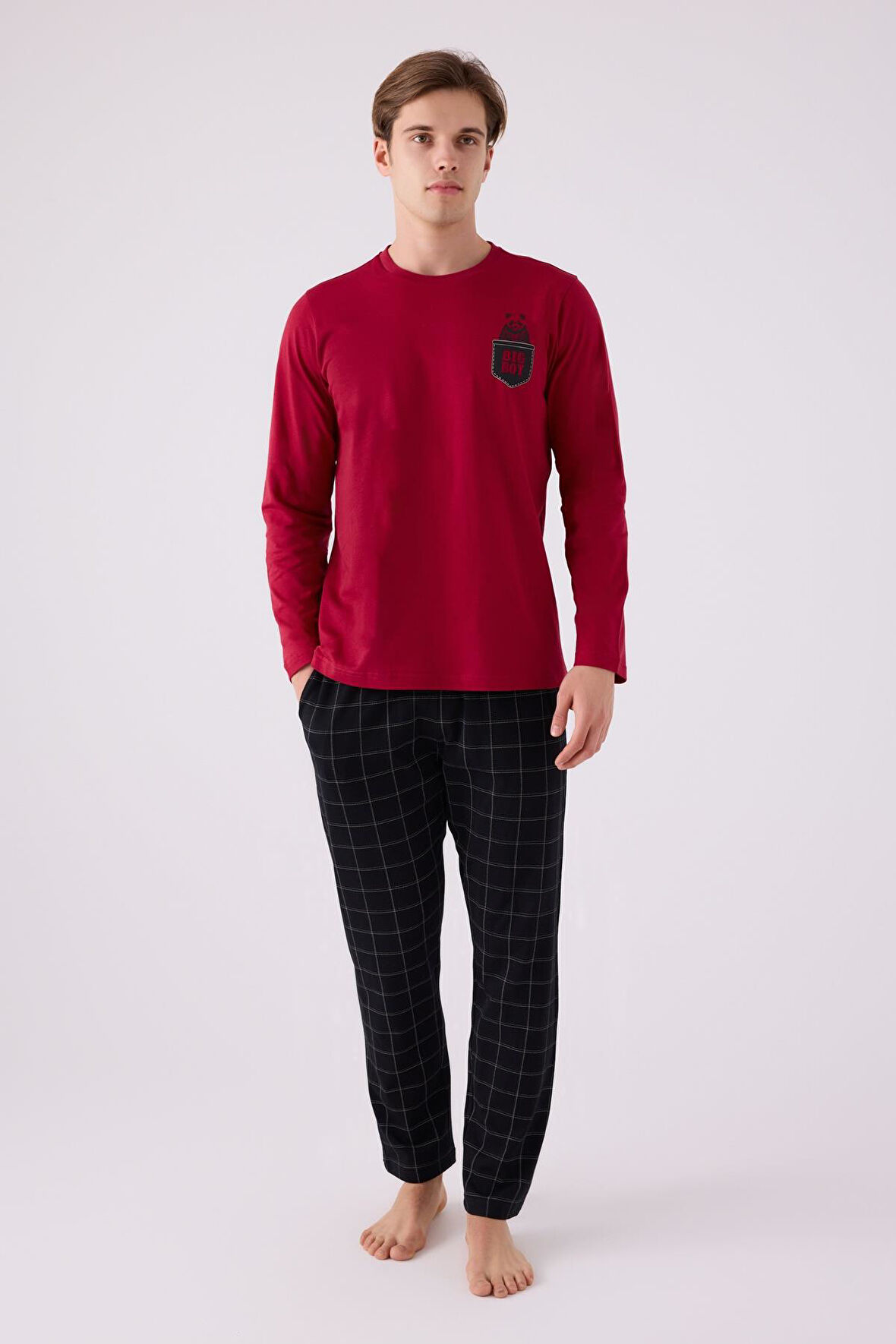 Erkek Bordo Ekoseli ve Cepli Uzunkol Pijama Takım, %100 Pamuklu