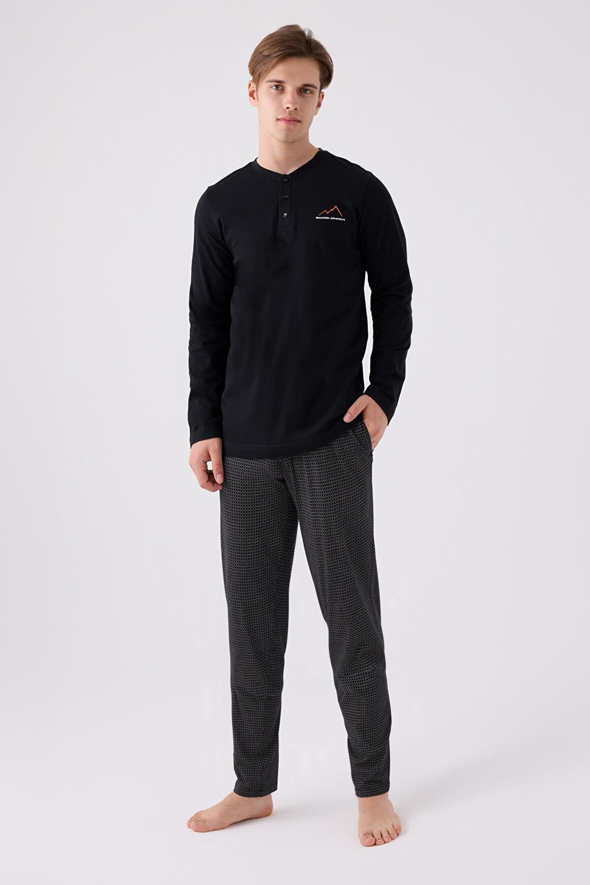 Erkek %100 Pamuklu Uzunkol Siyah Pijama Takım