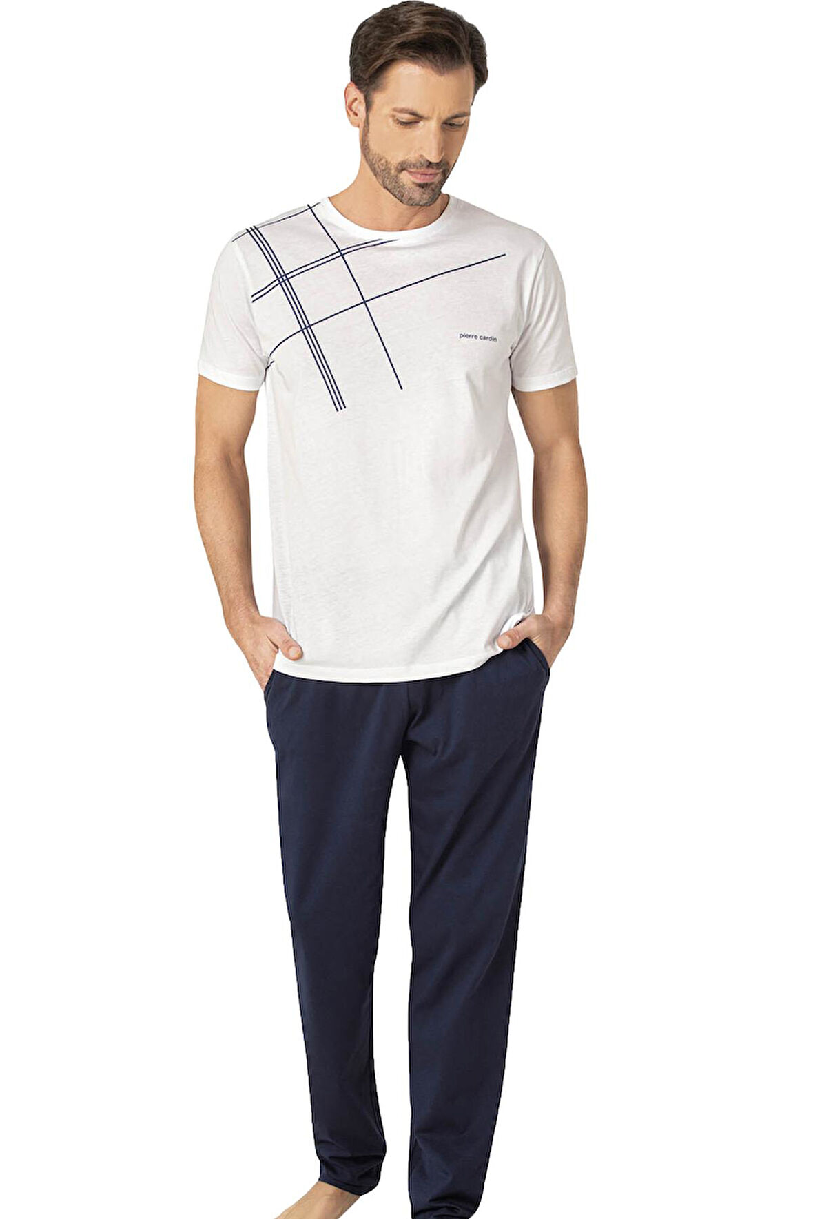 Pierre Cardin Çizgi Detaylı, Kısakol, Bisiklet Yaka Erkek Pijama Takım, %100 pamuk