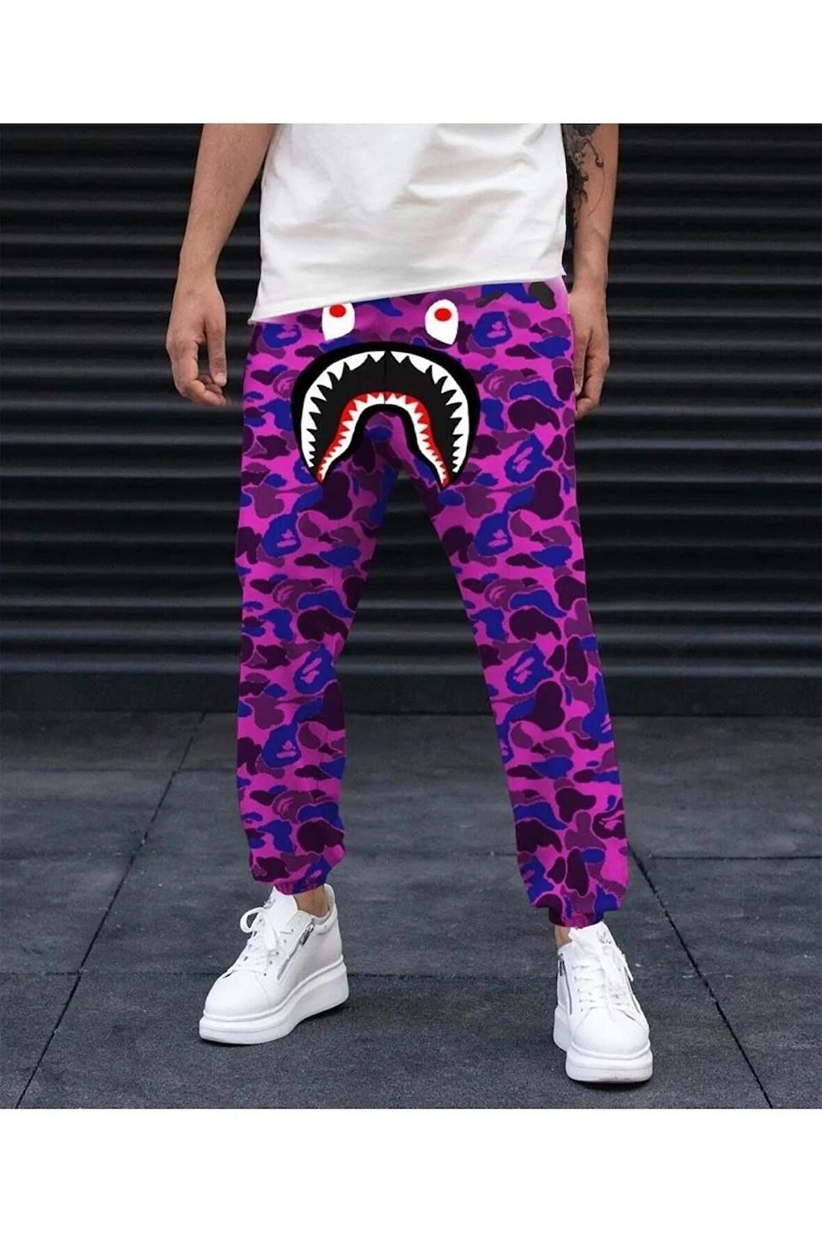 Erkek Bape Shark Dijital Baskılı Eşofman Altı - Mor