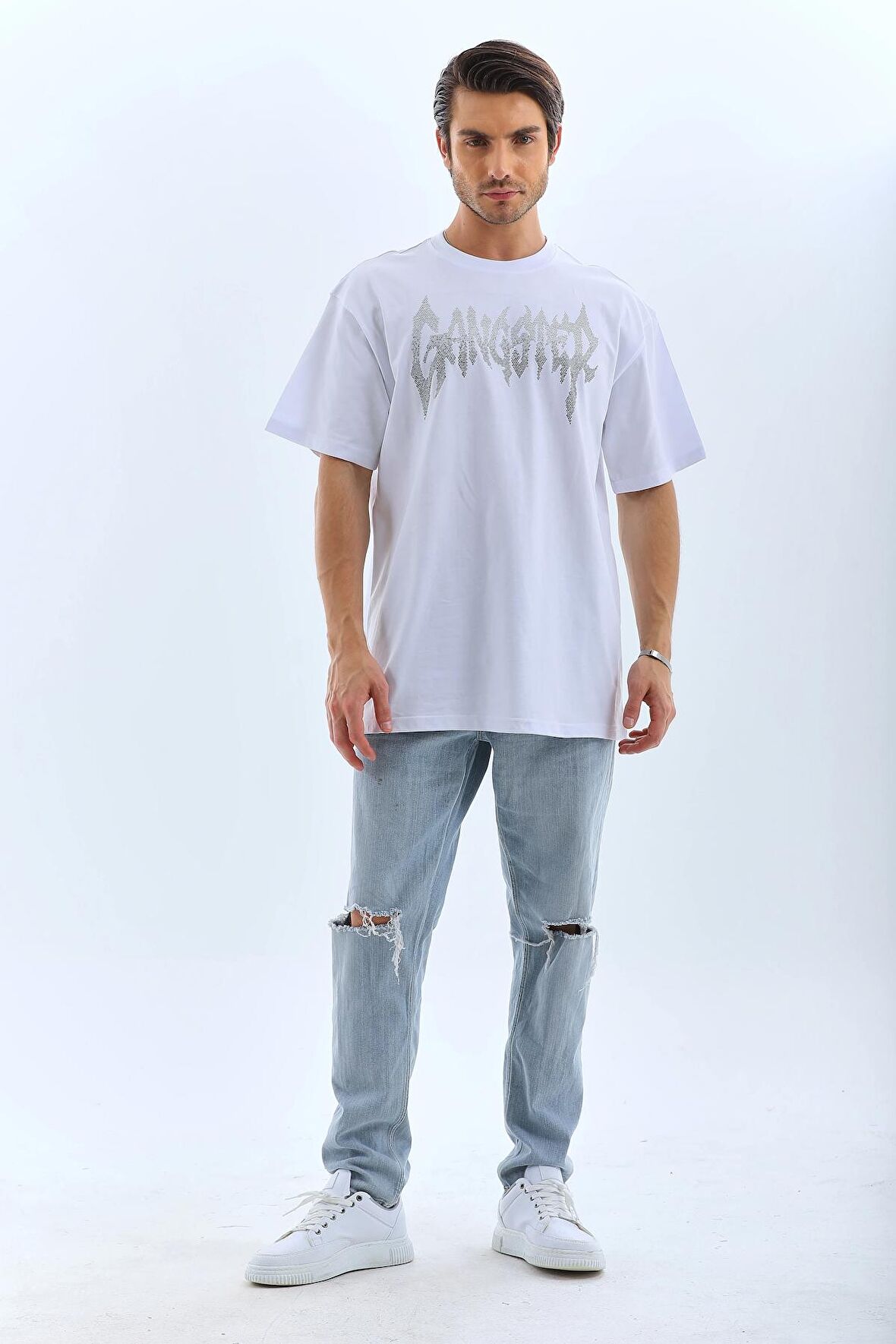 Unisex Oversize Taşlı Bisiklet Yaka T-Shirt - Beyaz