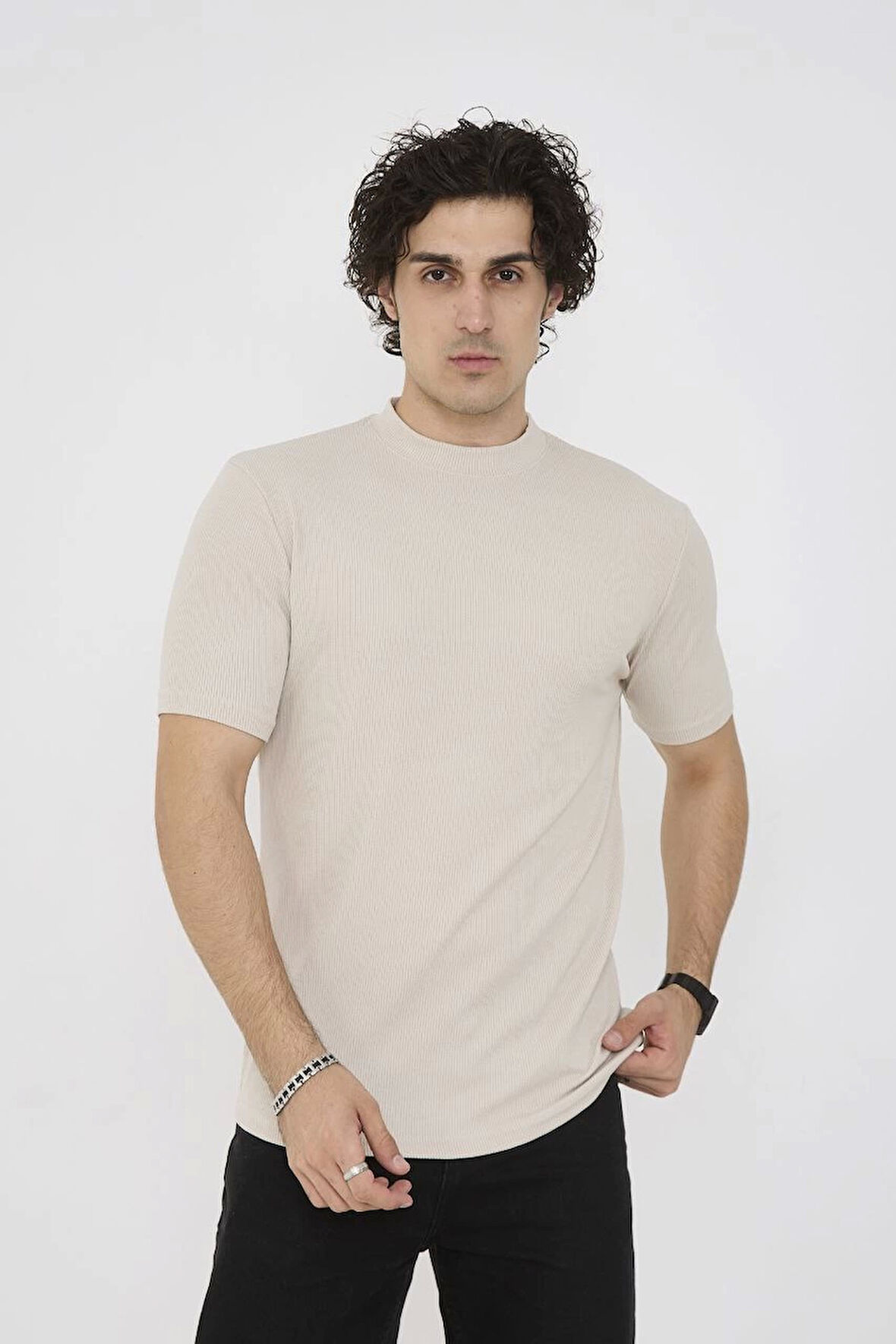 Unisex Bisiklet Yaka Slim fit T-Shirt- Bej