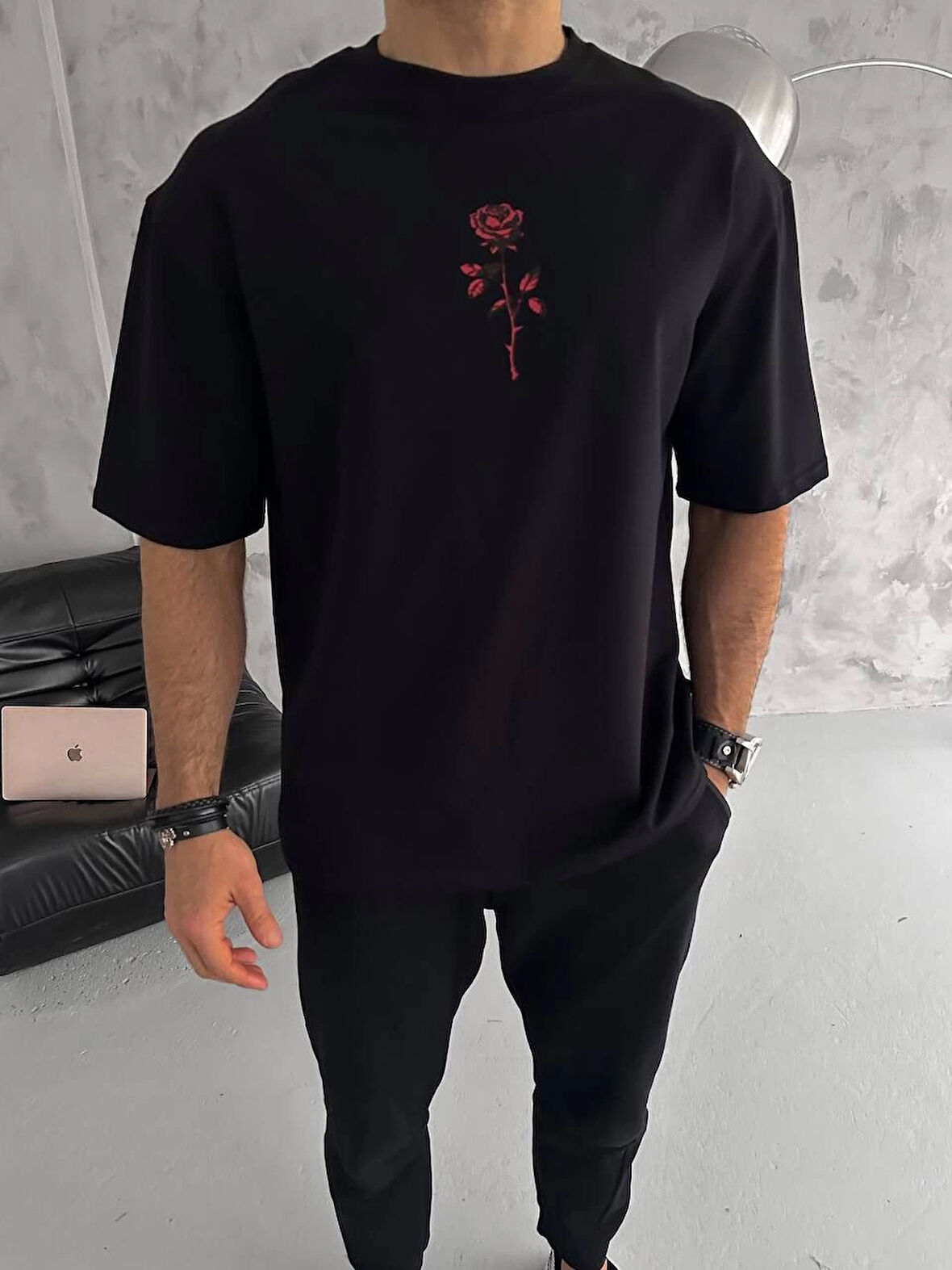 Unisex Bisiklet Yaka Baskılı Oversize T-Shirt - Siyah