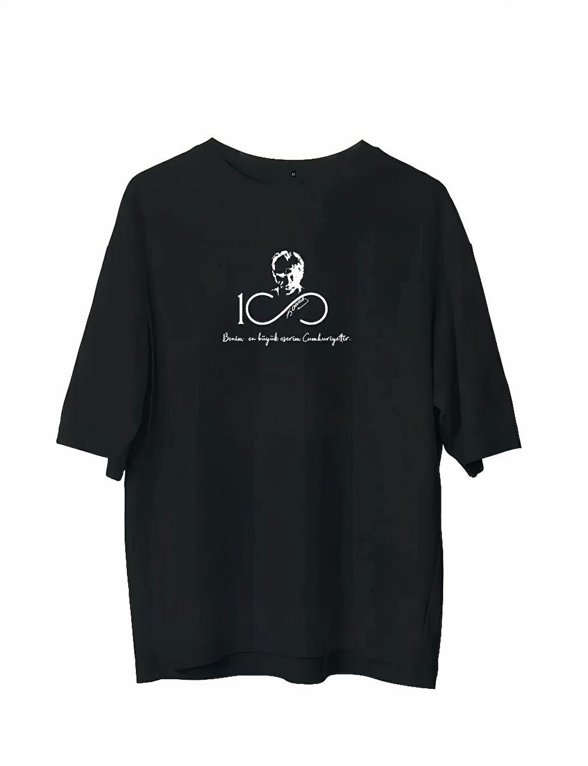 Unisex Bisiklet Yaka Baskılı Oversize T-Shirt - Siyah