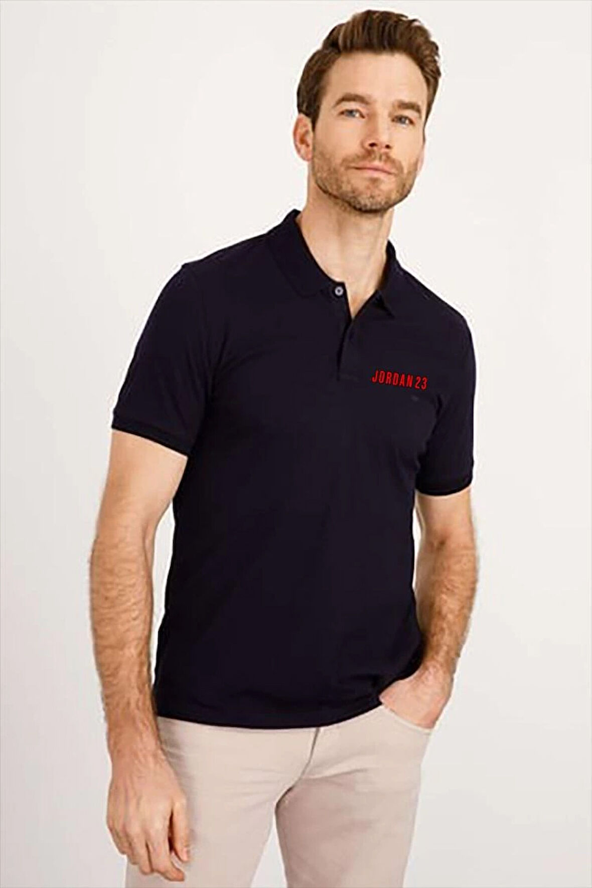 Yakası Düğmeli Yakalı Pike Baskılı T-Shirt - Beyaz