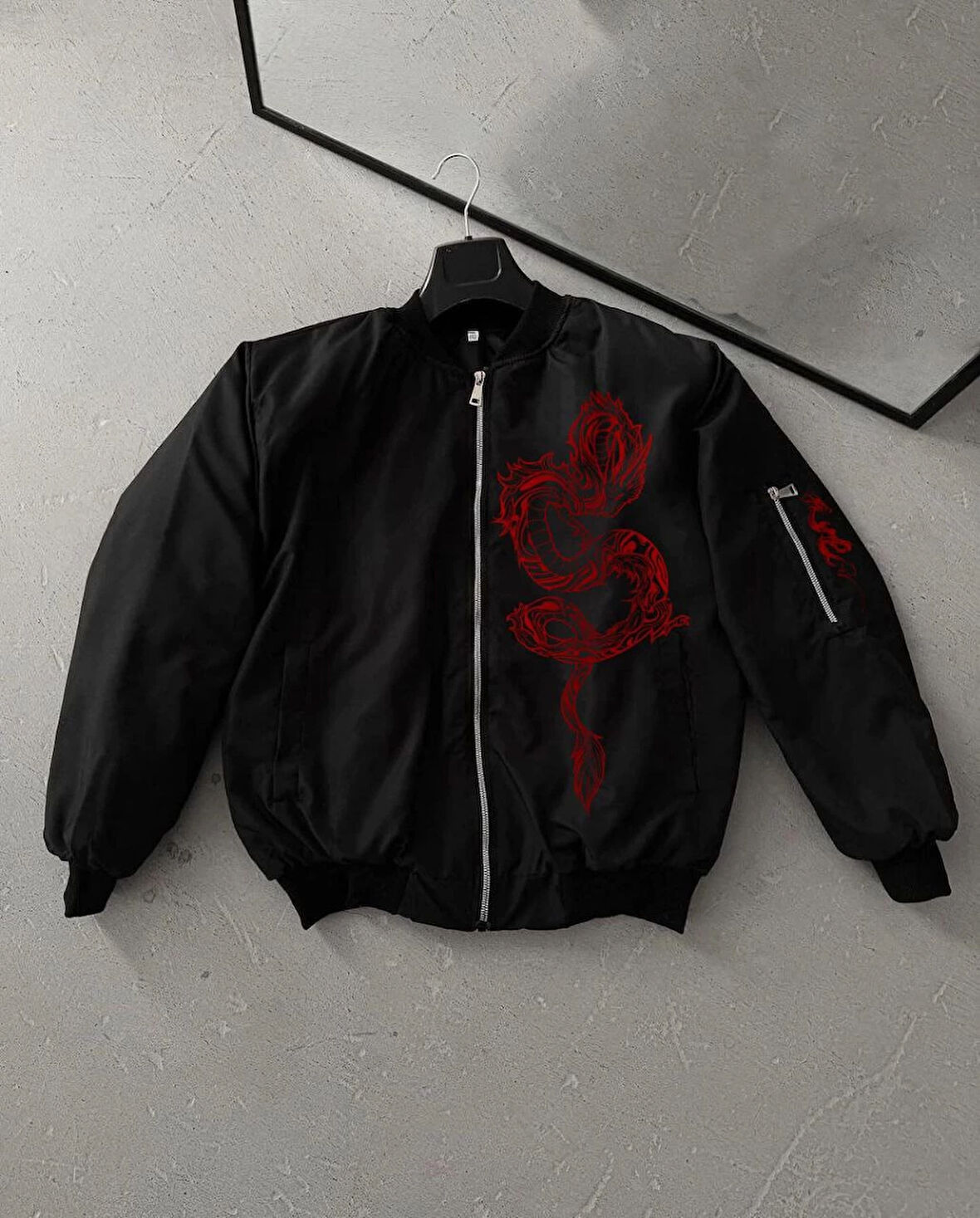 Erkek Unisex Siyah Bomber Mont - Kırmızı