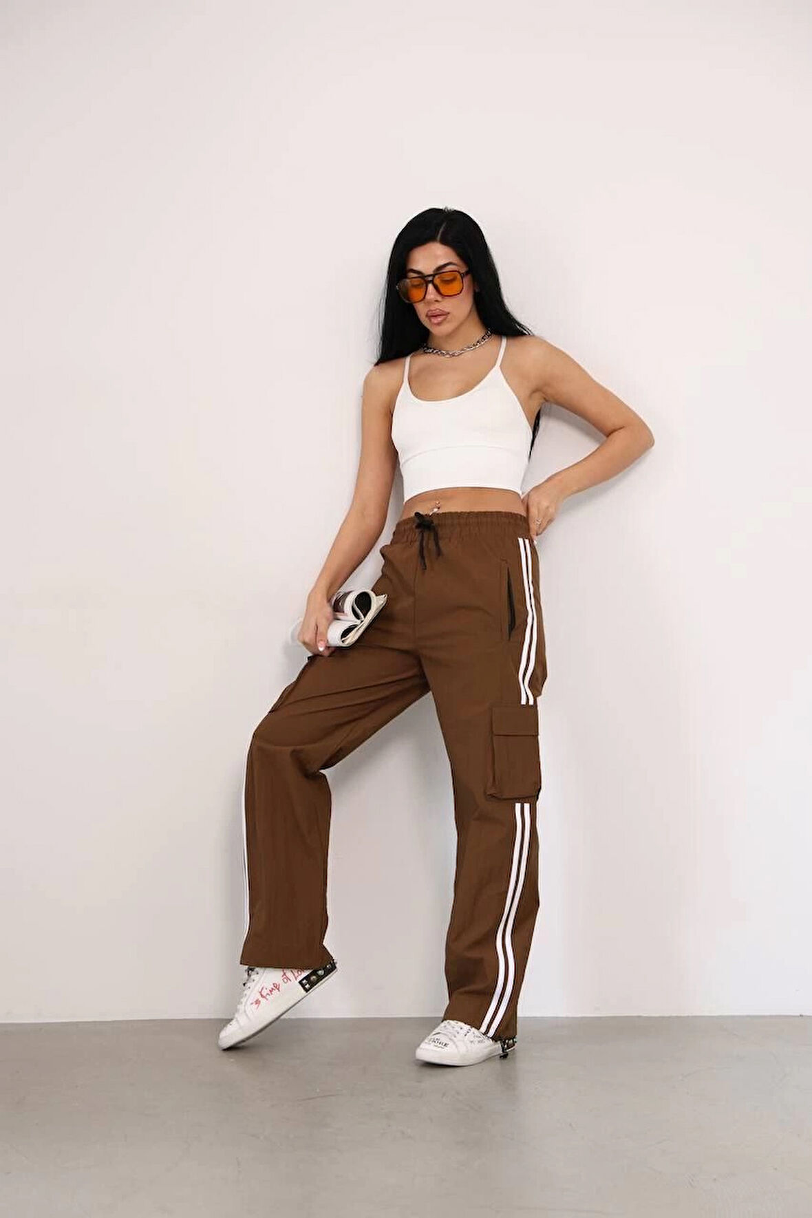 Praşut Kumaş Kargo Çeplı Baggy Esofman - Kahve