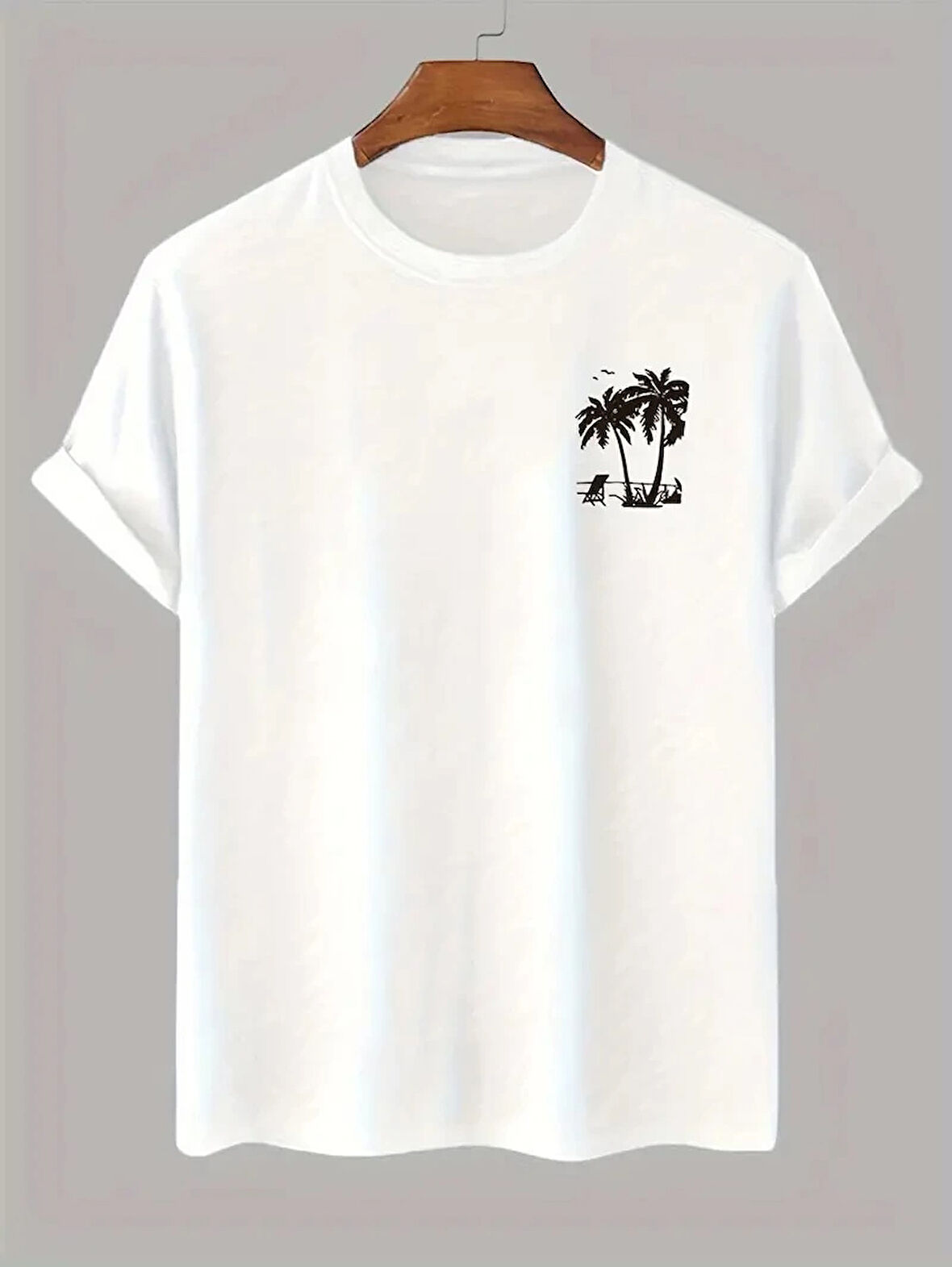 20/1 Penye Compack Palmiye Ön Baskılı Oversize Bisiklet Yaka Kısa Kol Yazlık T-shirt - Beyaz